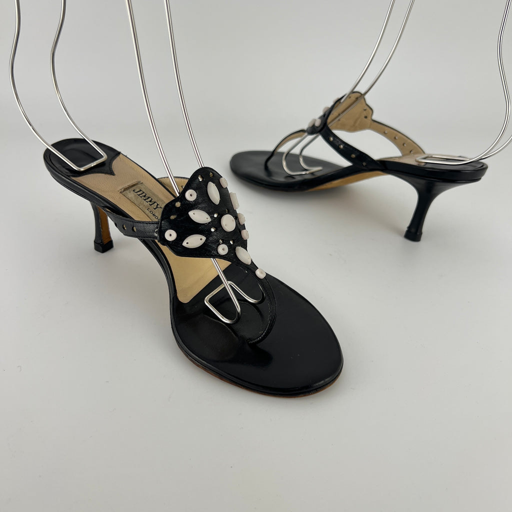 Jimmy Choo | Vintage Black Leather Thong White Stone Sandal Slide (35.5)