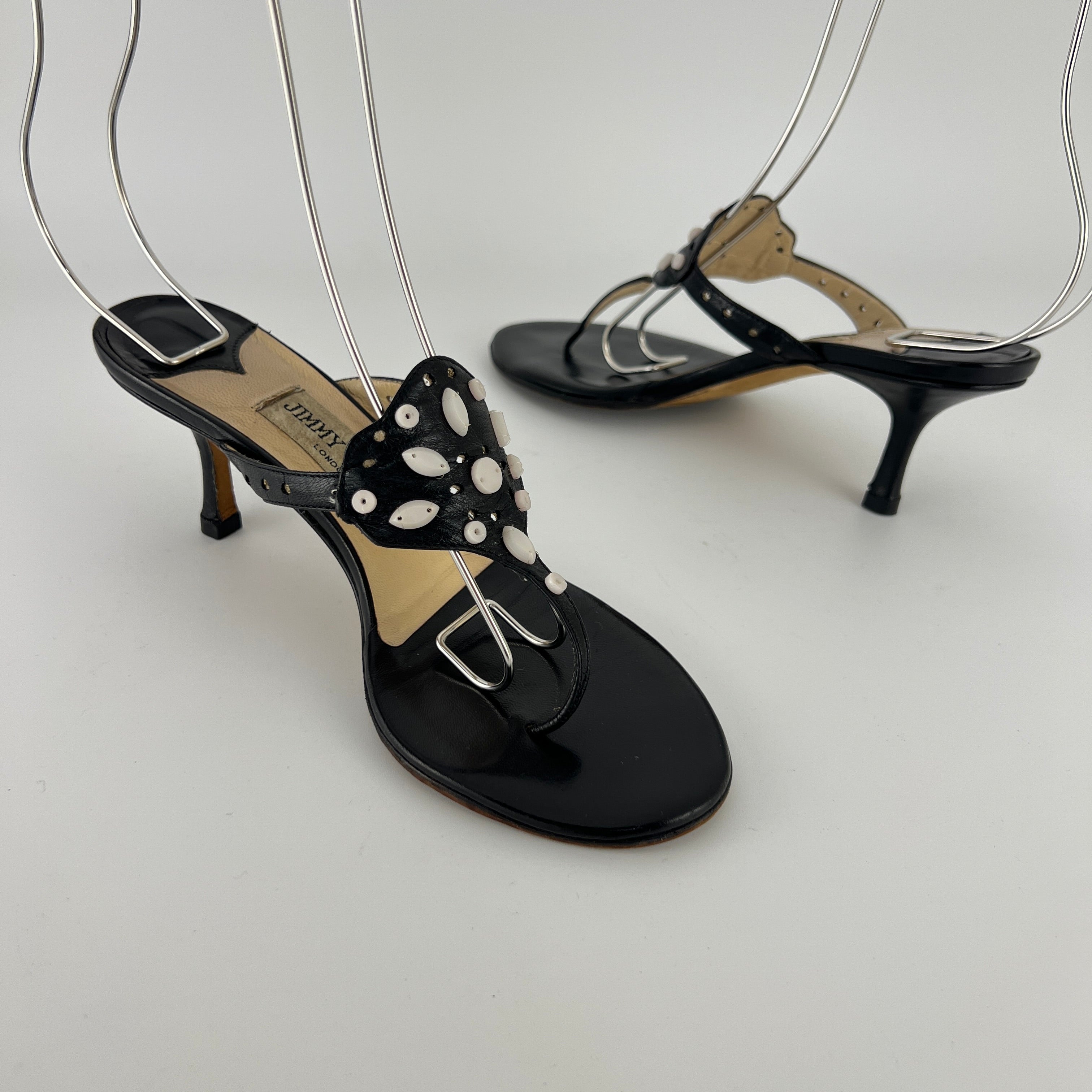 Jimmy Choo | Vintage Black Leather Thong White Stone Sandal Slide (35.5)
