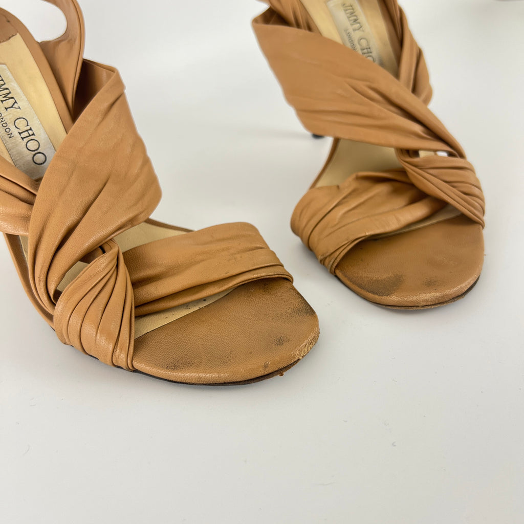 Jimmy Choo | Tan Camel Leather Wrap Slingback Stiletto Sandal Heels (40)