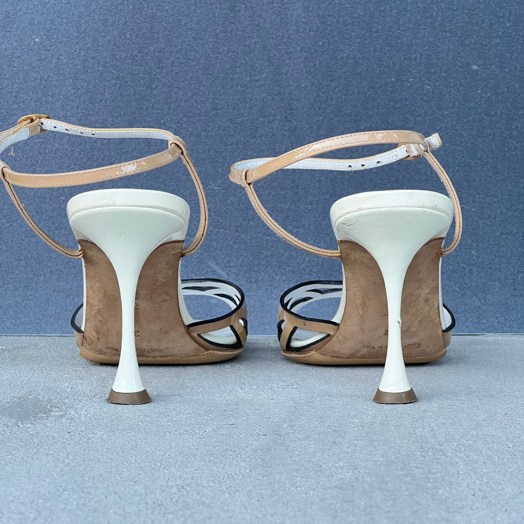 Manolo Blahnik | Nude Tan Leather Ankle Strap White Stiletto Sandal Heels (37)