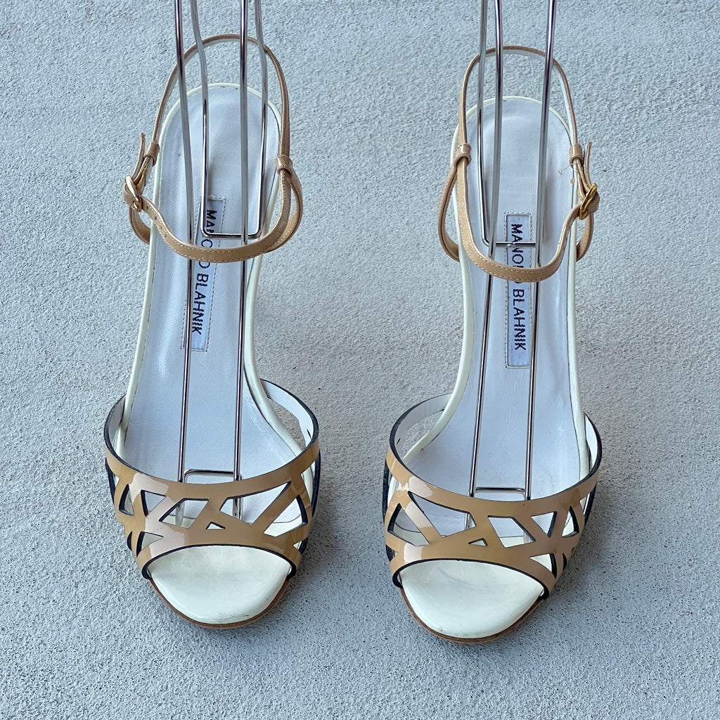 Manolo Blahnik | Nude Tan Leather Ankle Strap White Stiletto Sandal Heels (37)