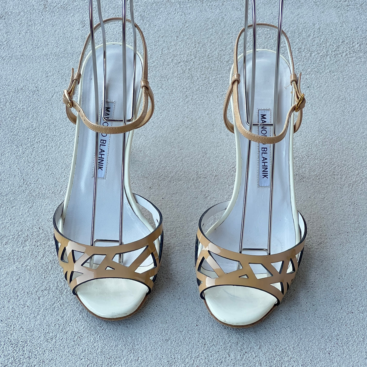Manolo Blahnik | Nude Tan Leather Ankle Strap White Stiletto Sandal Heels (37)