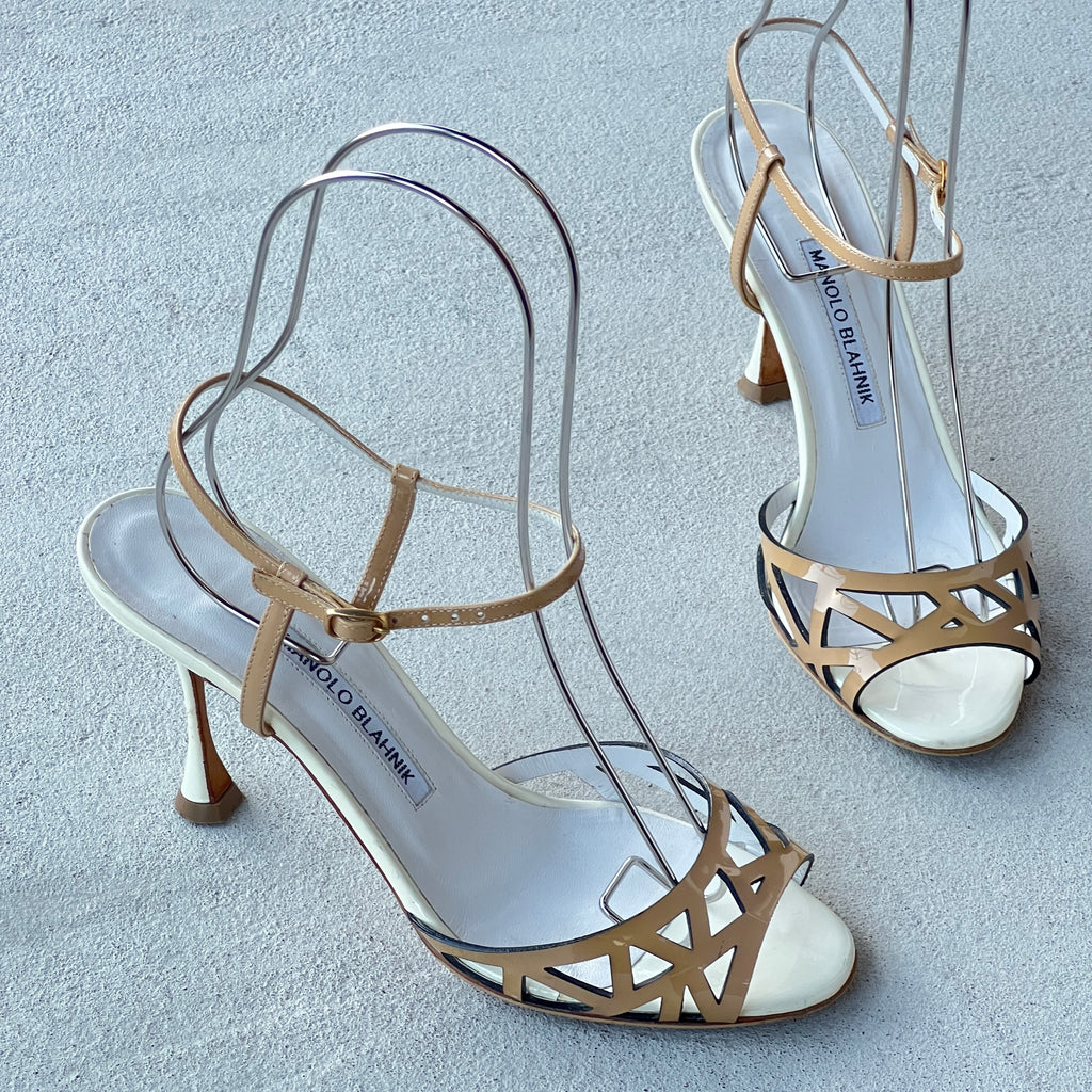 Manolo Blahnik | Nude Tan Leather Ankle Strap White Stiletto Sandal Heels (37)