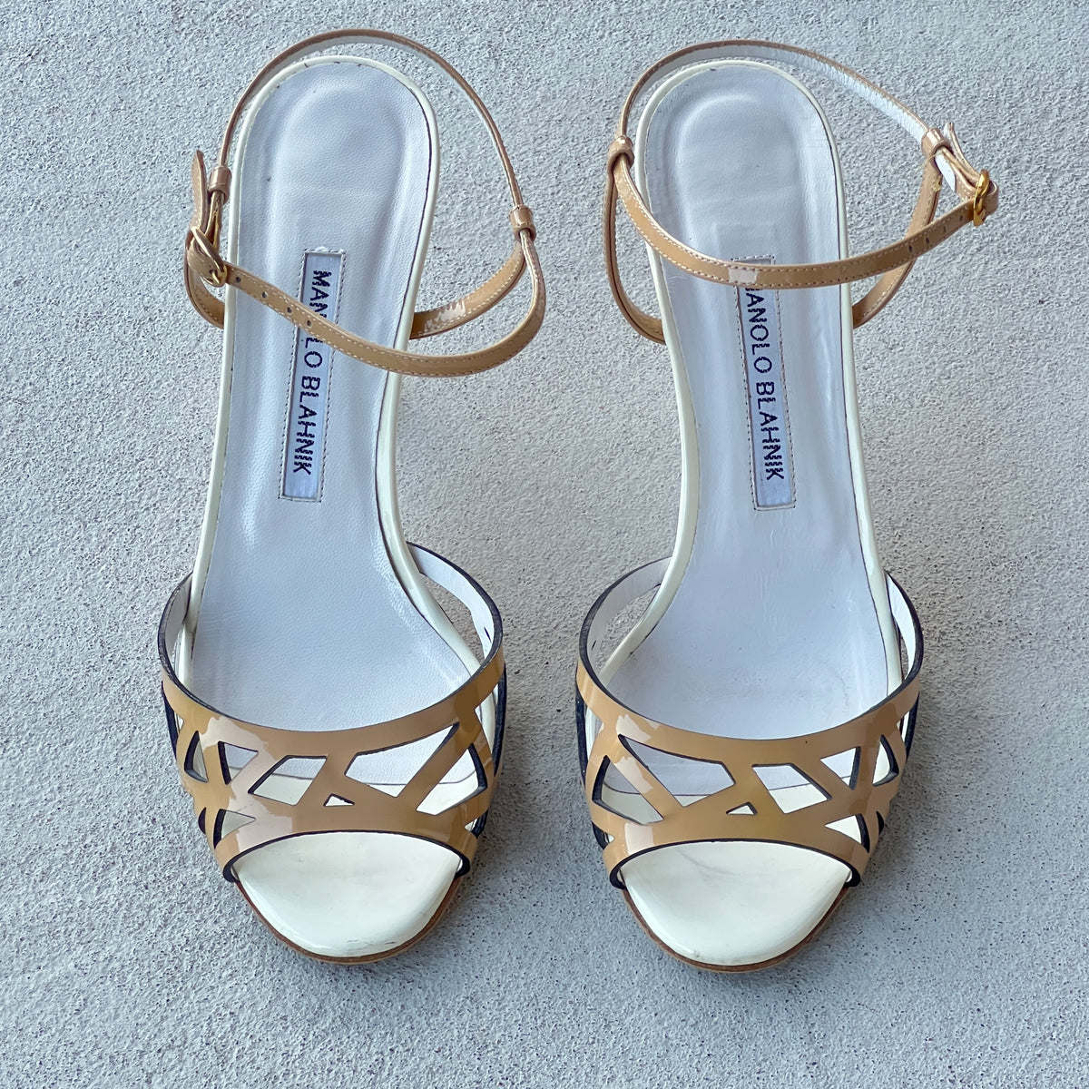 Manolo Blahnik | Nude Tan Leather Ankle Strap White Stiletto Sandal Heels (37)