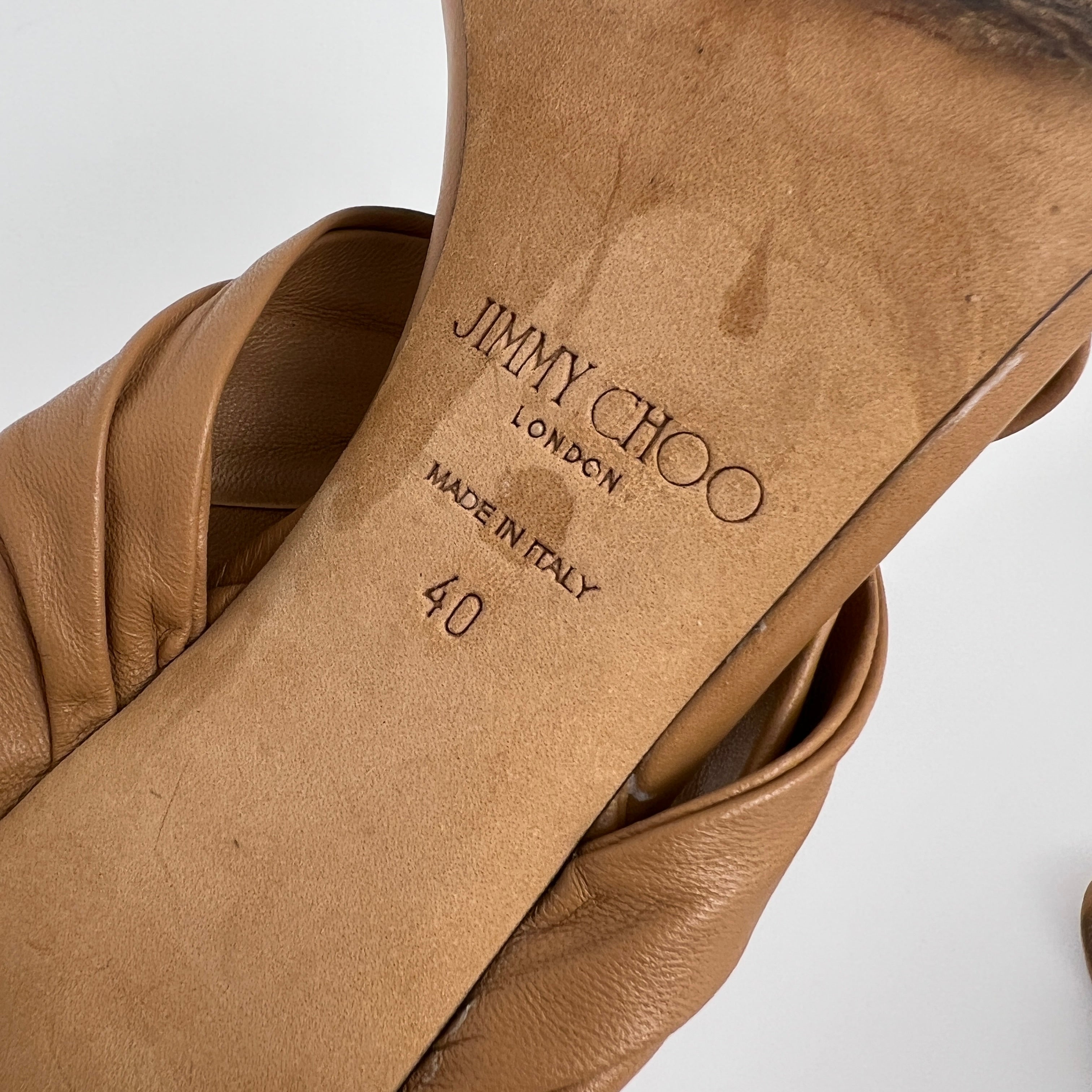 Jimmy Choo | Tan Camel Leather Wrap Slingback Stiletto Sandal Heels (40)