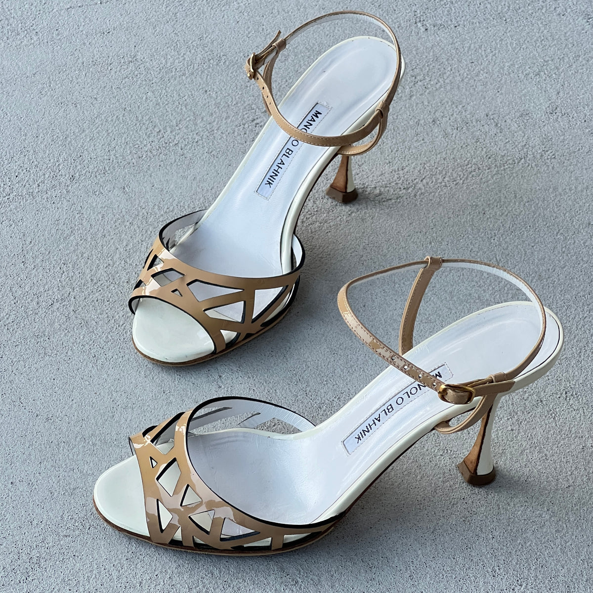 Manolo Blahnik | Nude Tan Leather Ankle Strap White Stiletto Sandal Heels (37)