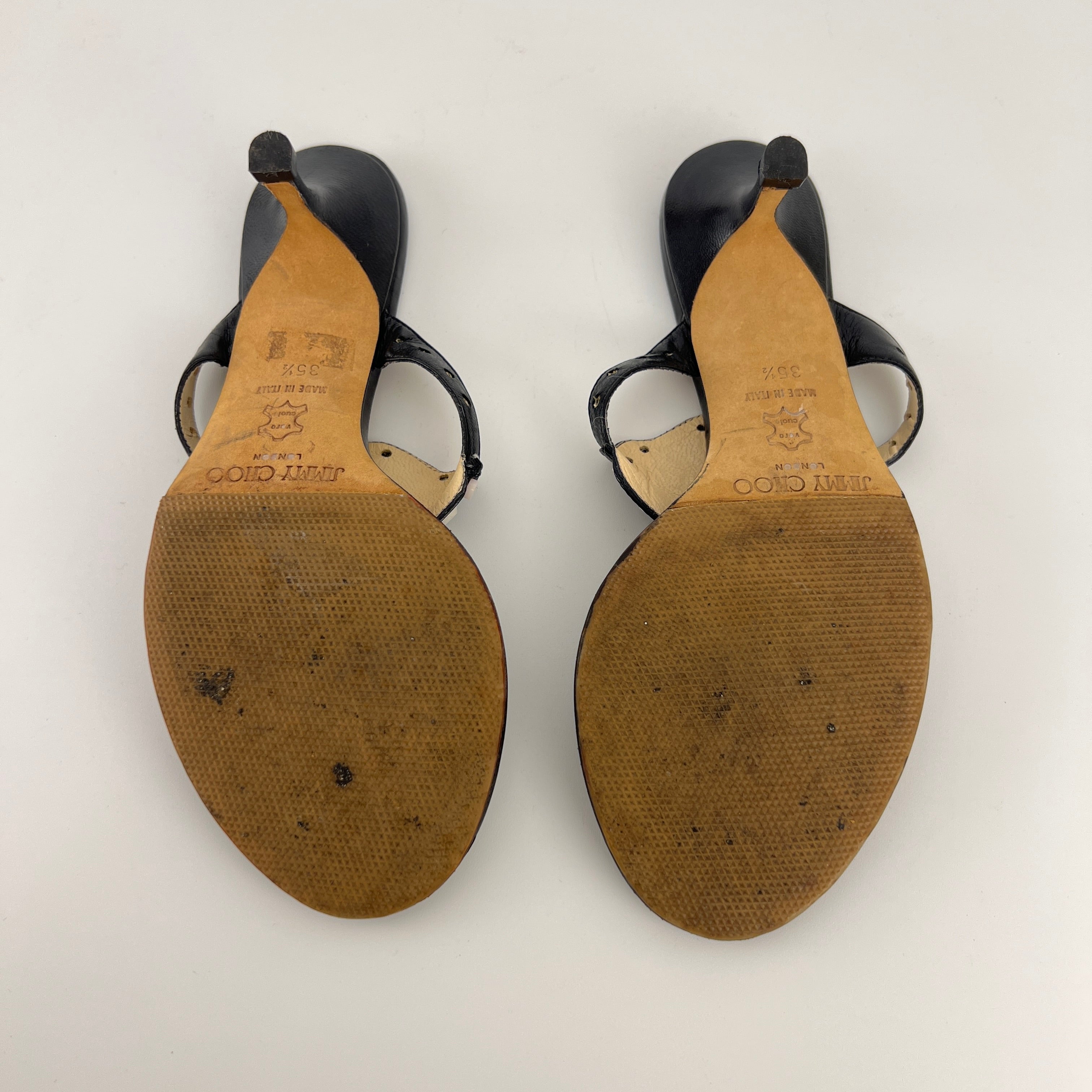 Jimmy Choo | Vintage Black Leather Thong White Stone Sandal Slide (35.5)