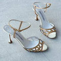 Manolo Blahnik | Nude Tan Leather Ankle Strap White Stiletto Sandal Heels (37)
