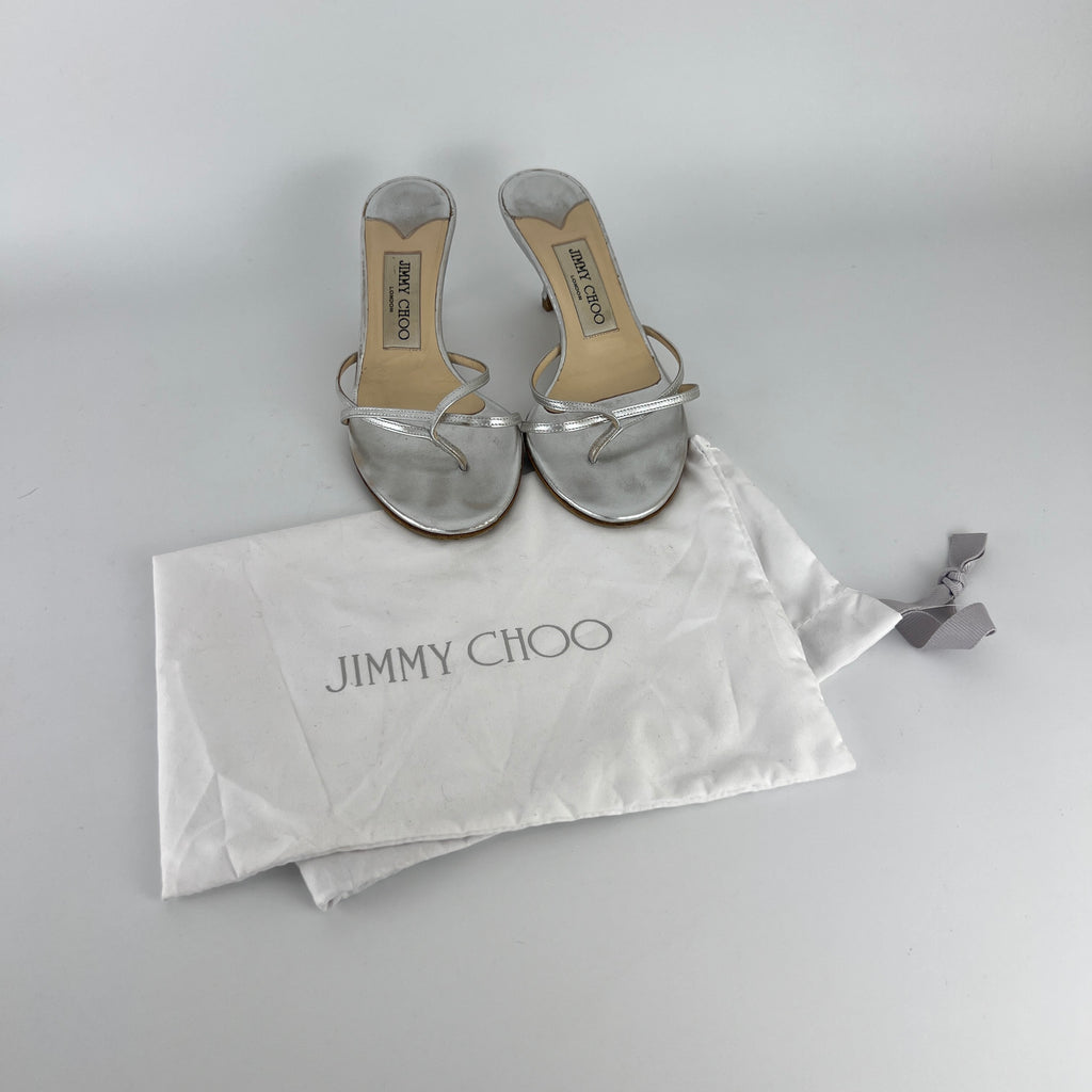 Jimmy Choo | Vintage Nimbus Metallic Silver Thong Strappy Sandal Slide Mules (35.5)