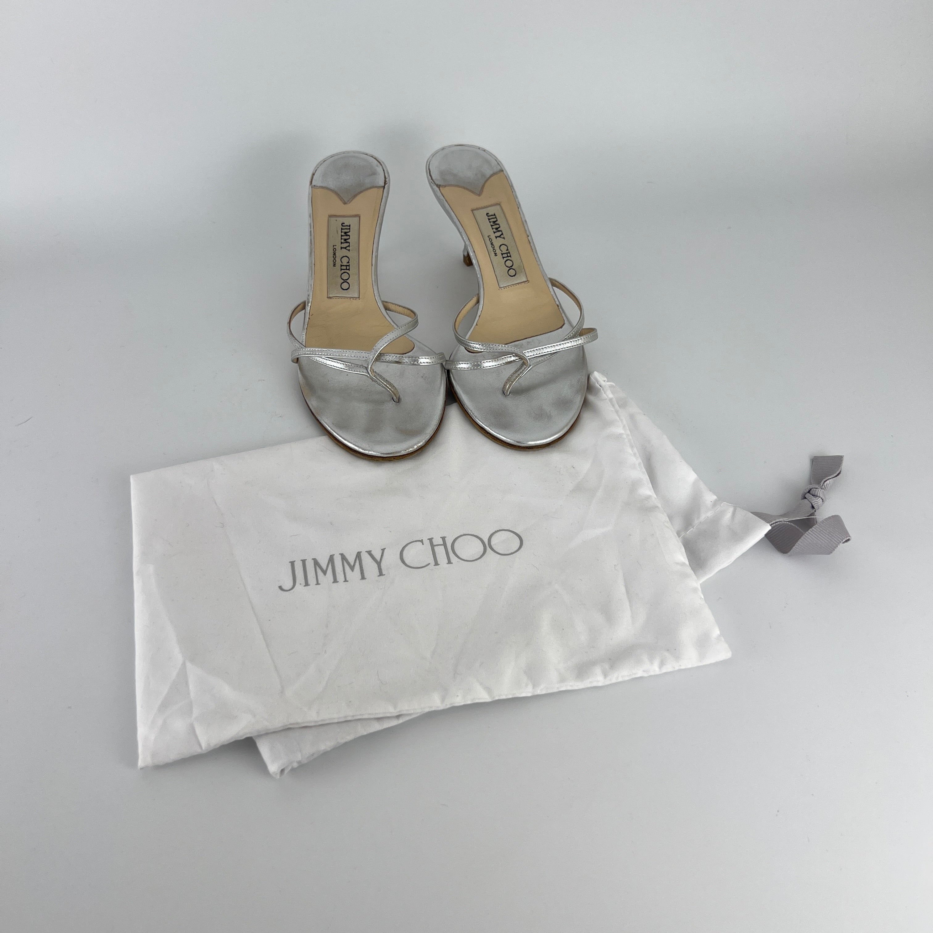 Jimmy Choo | Vintage Nimbus Metallic Silver Thong Strappy Sandal Slide Mules (35.5)