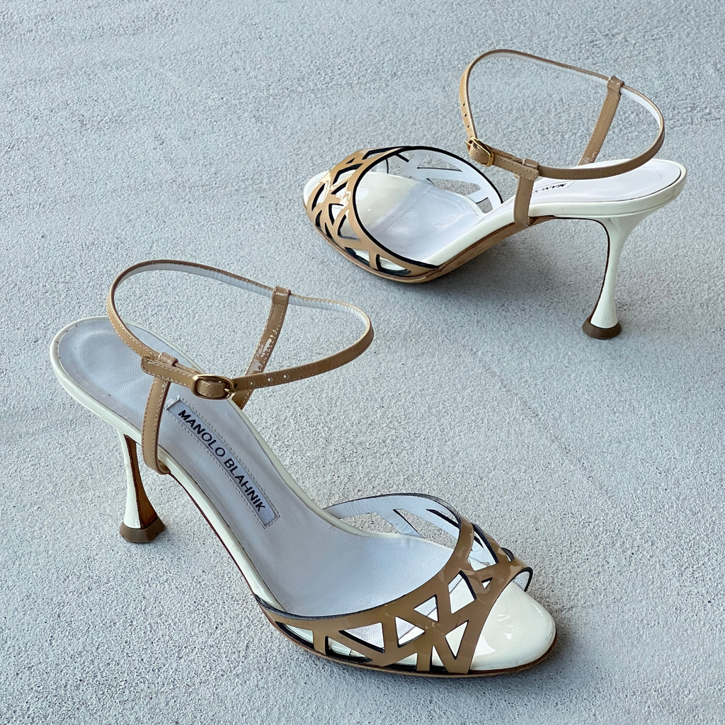 Manolo Blahnik | Nude Tan Leather Ankle Strap White Stiletto Sandal Heels (37)