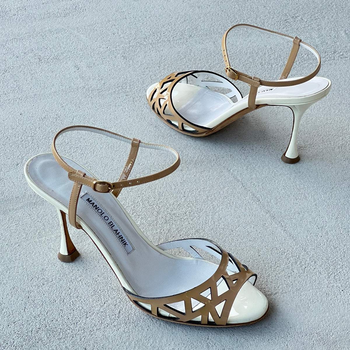 Manolo Blahnik | Nude Tan Leather Ankle Strap White Stiletto Sandal Heels (37)
