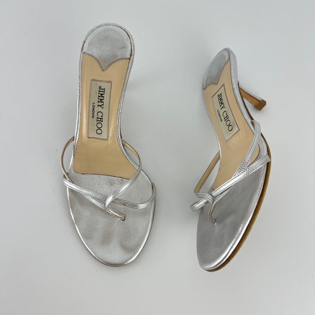 Jimmy Choo | Vintage Nimbus Metallic Silver Thong Strappy Sandal Slide Mules (35.5)