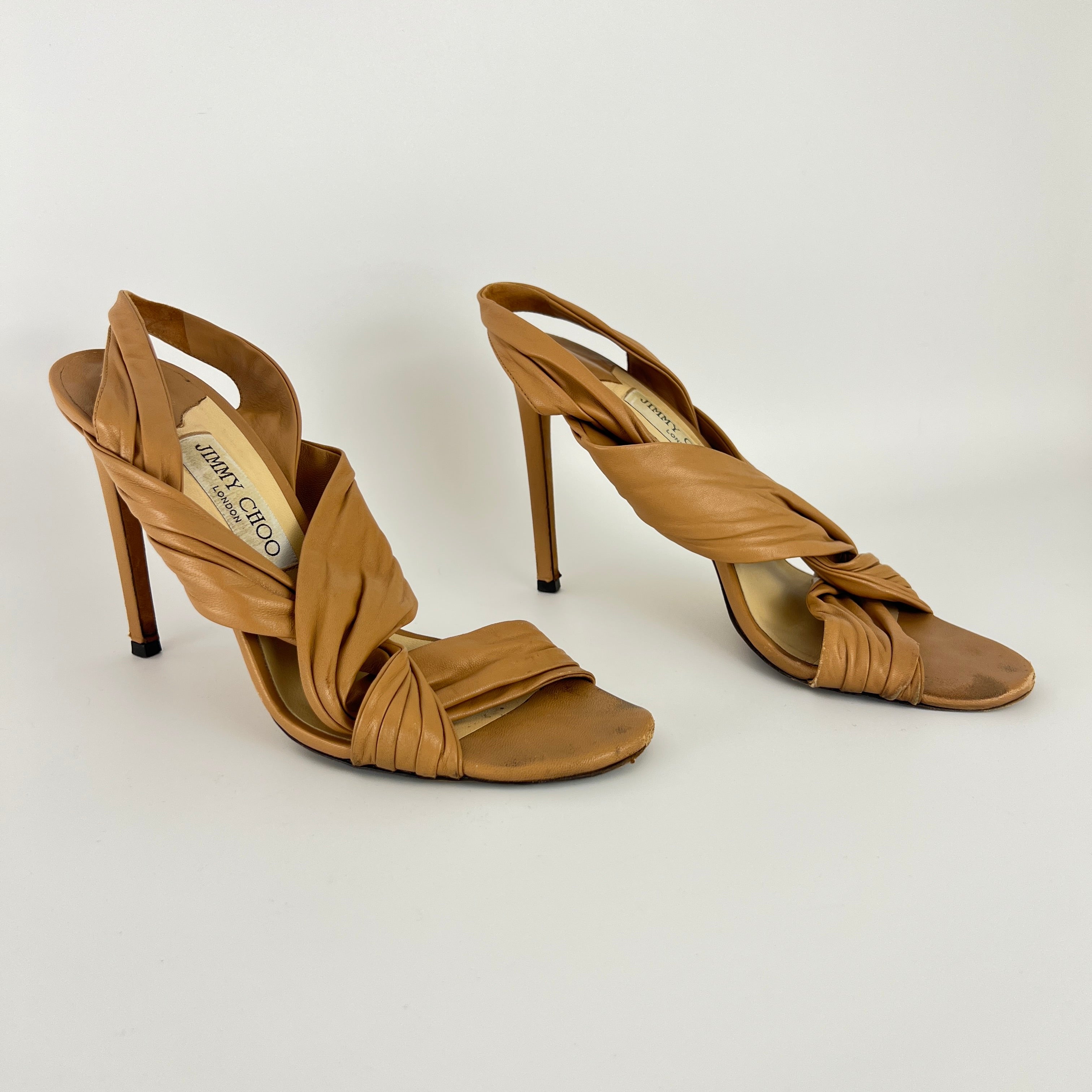 Jimmy Choo | Tan Camel Leather Wrap Slingback Stiletto Sandal Heels (40)