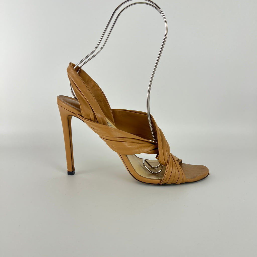 Jimmy Choo | Tan Camel Leather Wrap Slingback Stiletto Sandal Heels (40)