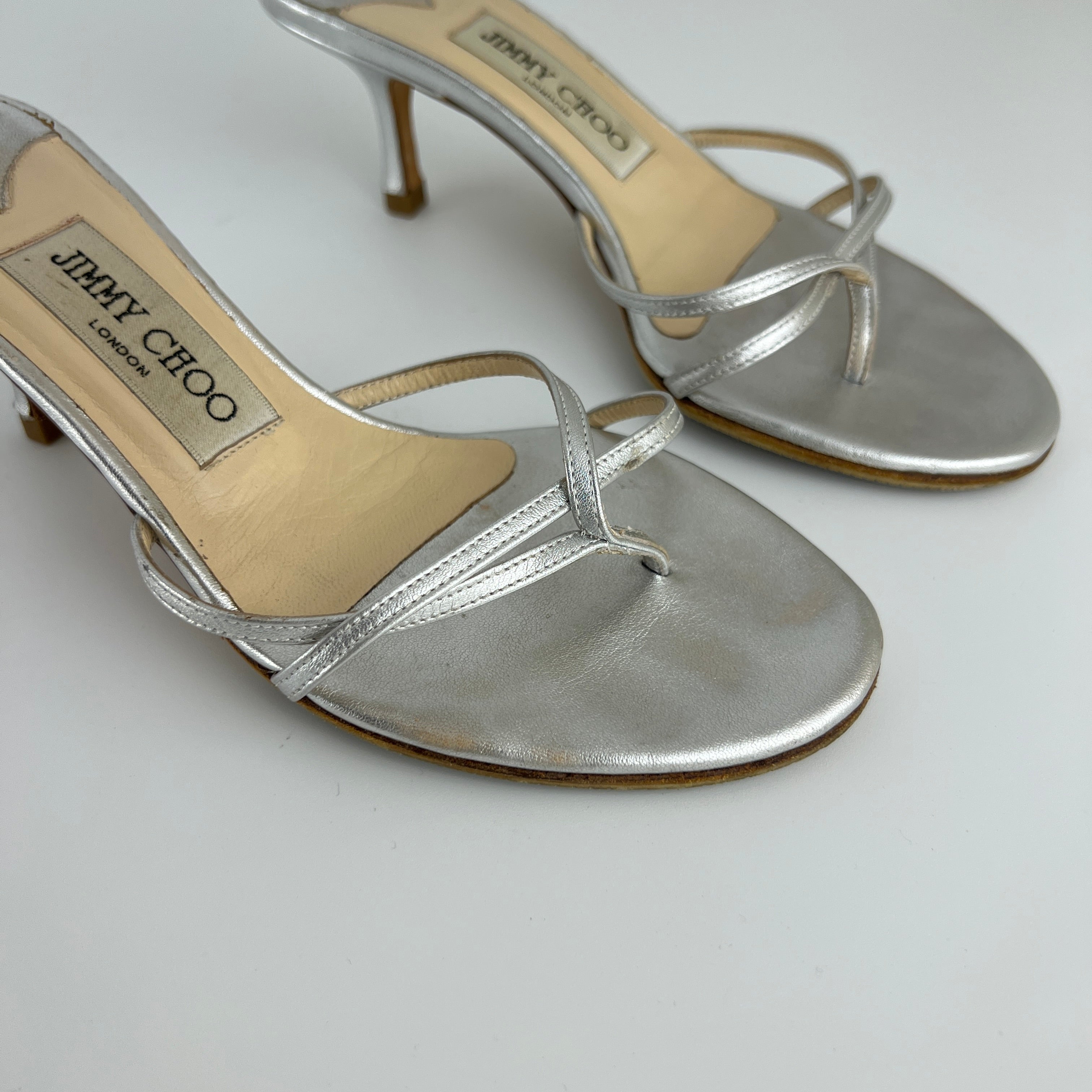 Jimmy Choo | Vintage Nimbus Metallic Silver Thong Strappy Sandal Slide Mules (35.5)