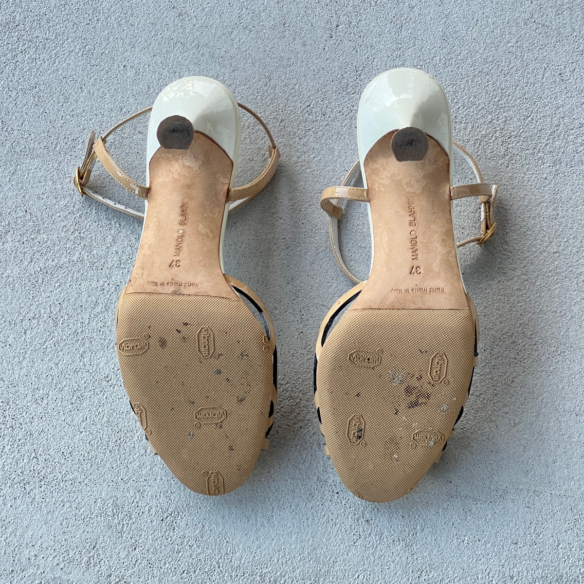 Manolo Blahnik | Nude Tan Leather Ankle Strap White Stiletto Sandal Heels (37)