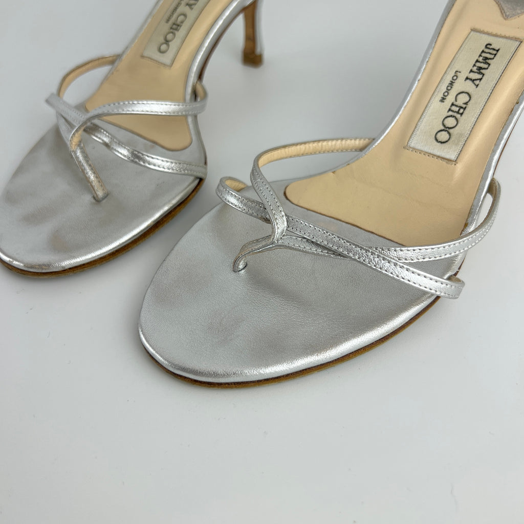 Jimmy Choo | Vintage Nimbus Metallic Silver Thong Strappy Sandal Slide Mules (35.5)