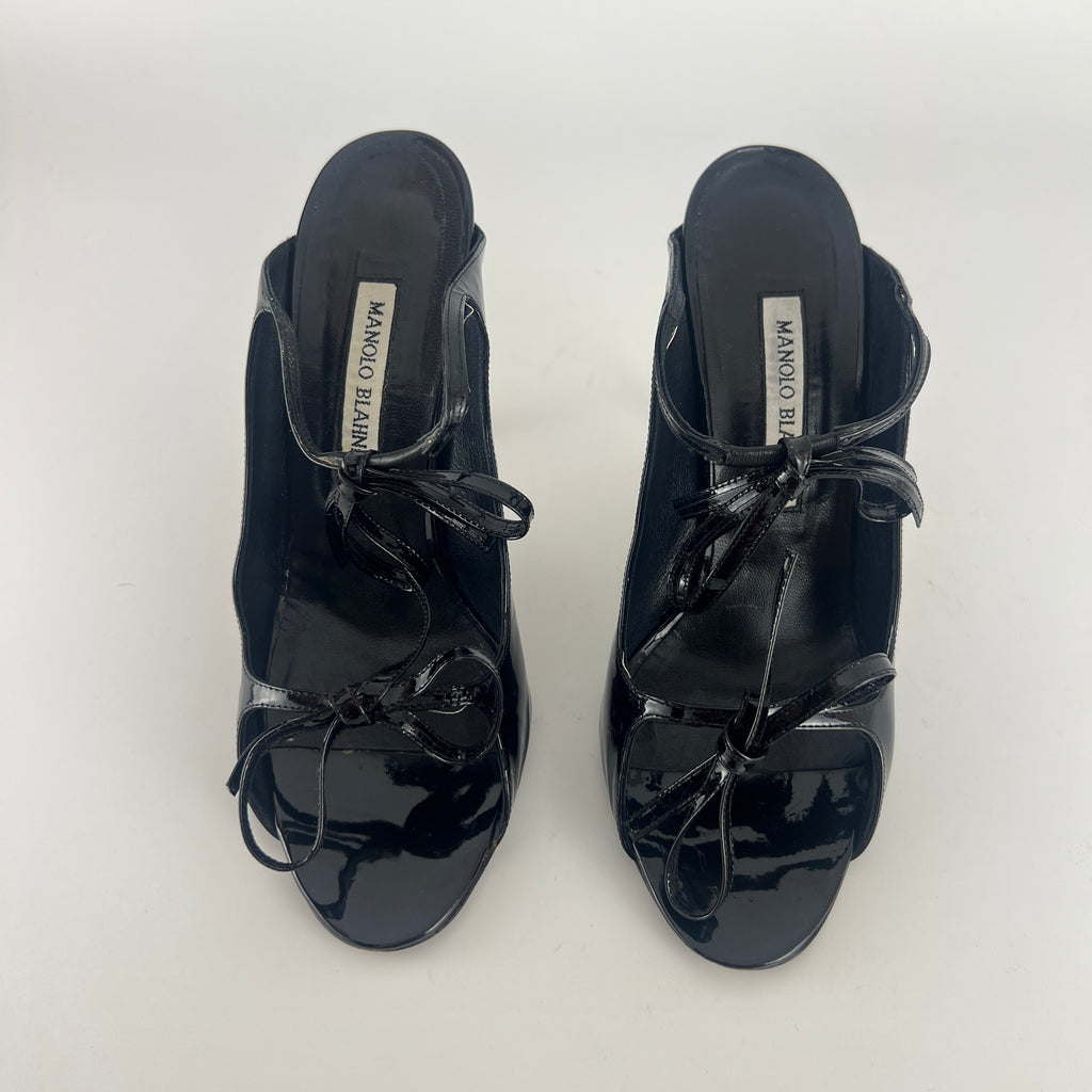 Manolo Blahnik | Claudia Black Patent Leather Ribbon Bow Sandal Heels (37.5)