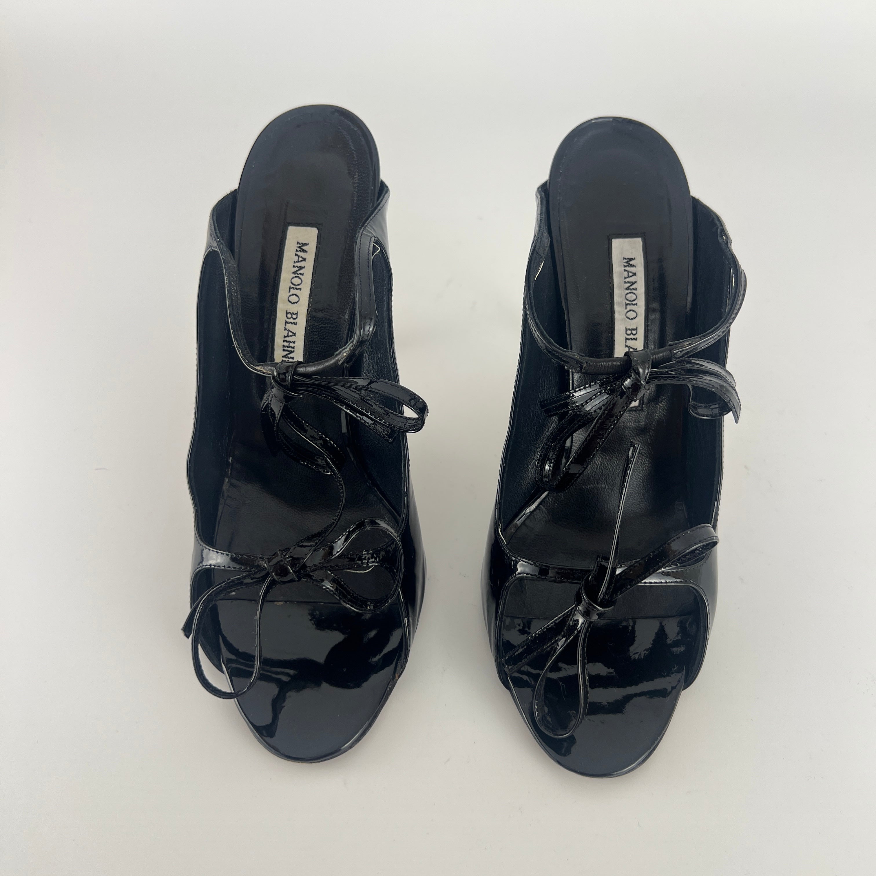 Manolo Blahnik | Claudia Black Patent Leather Ribbon Bow Sandal Heels (37.5)