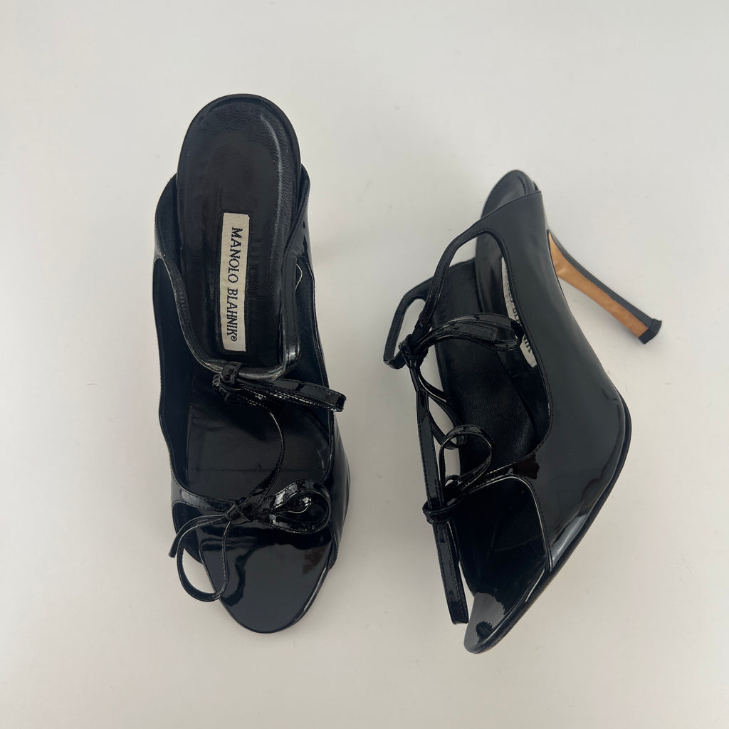 Manolo Blahnik | Claudia Black Patent Leather Ribbon Bow Sandal Heels (37.5)