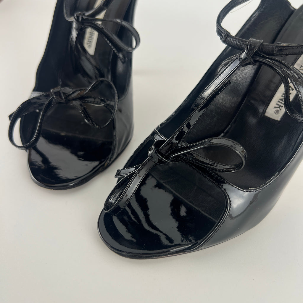 Manolo Blahnik | Claudia Black Patent Leather Ribbon Bow Sandal Heels (37.5)