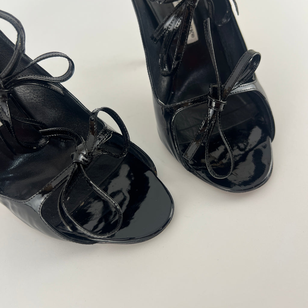Manolo Blahnik | Claudia Black Patent Leather Ribbon Bow Sandal Heels (37.5)