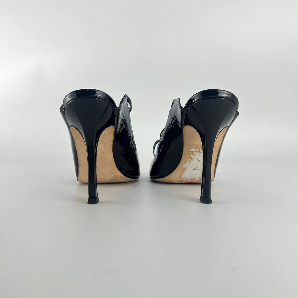 Manolo Blahnik | Claudia Black Patent Leather Ribbon Bow Sandal Heels (37.5)
