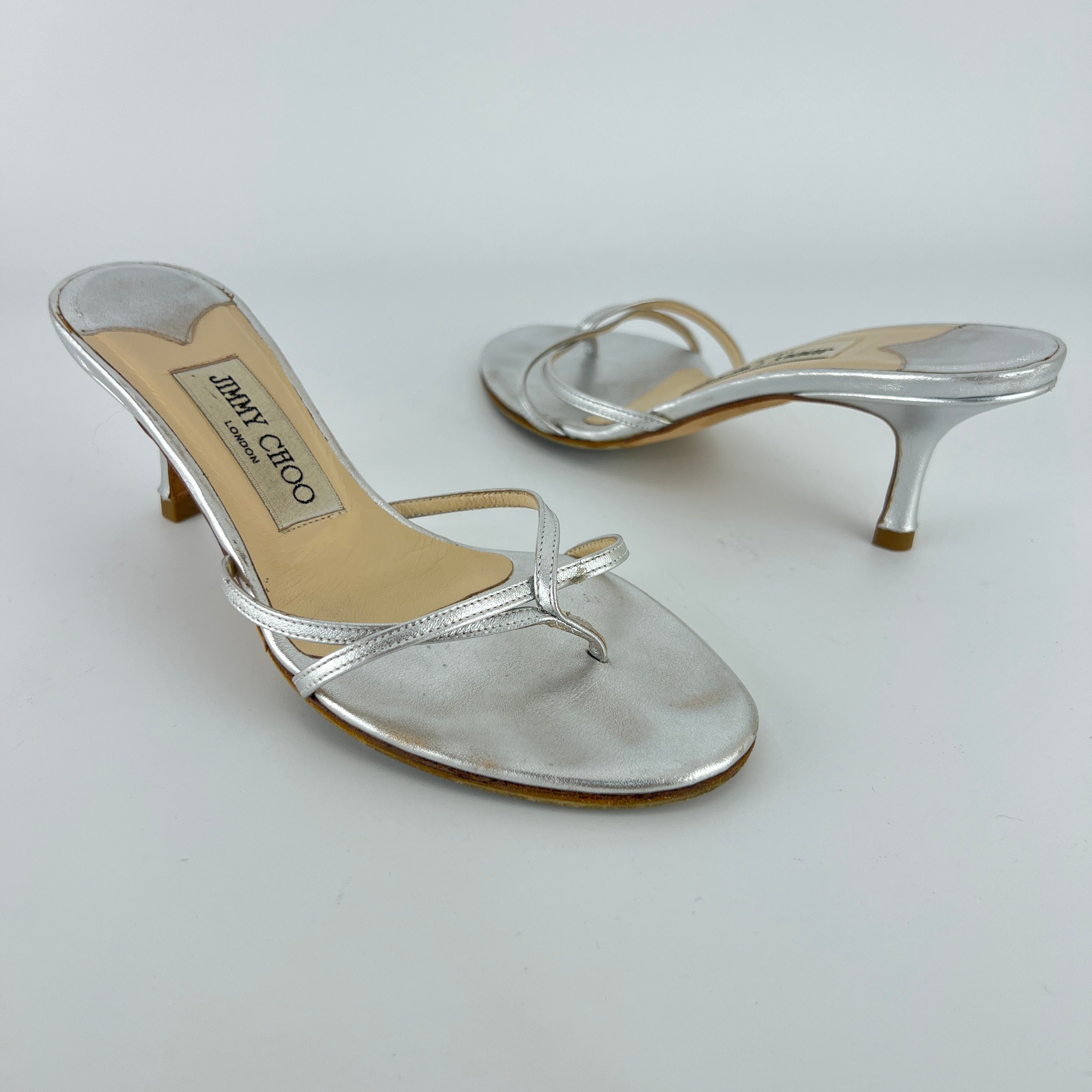 Jimmy Choo | Vintage Nimbus Metallic Silver Thong Strappy Sandal Slide Mules (35.5)