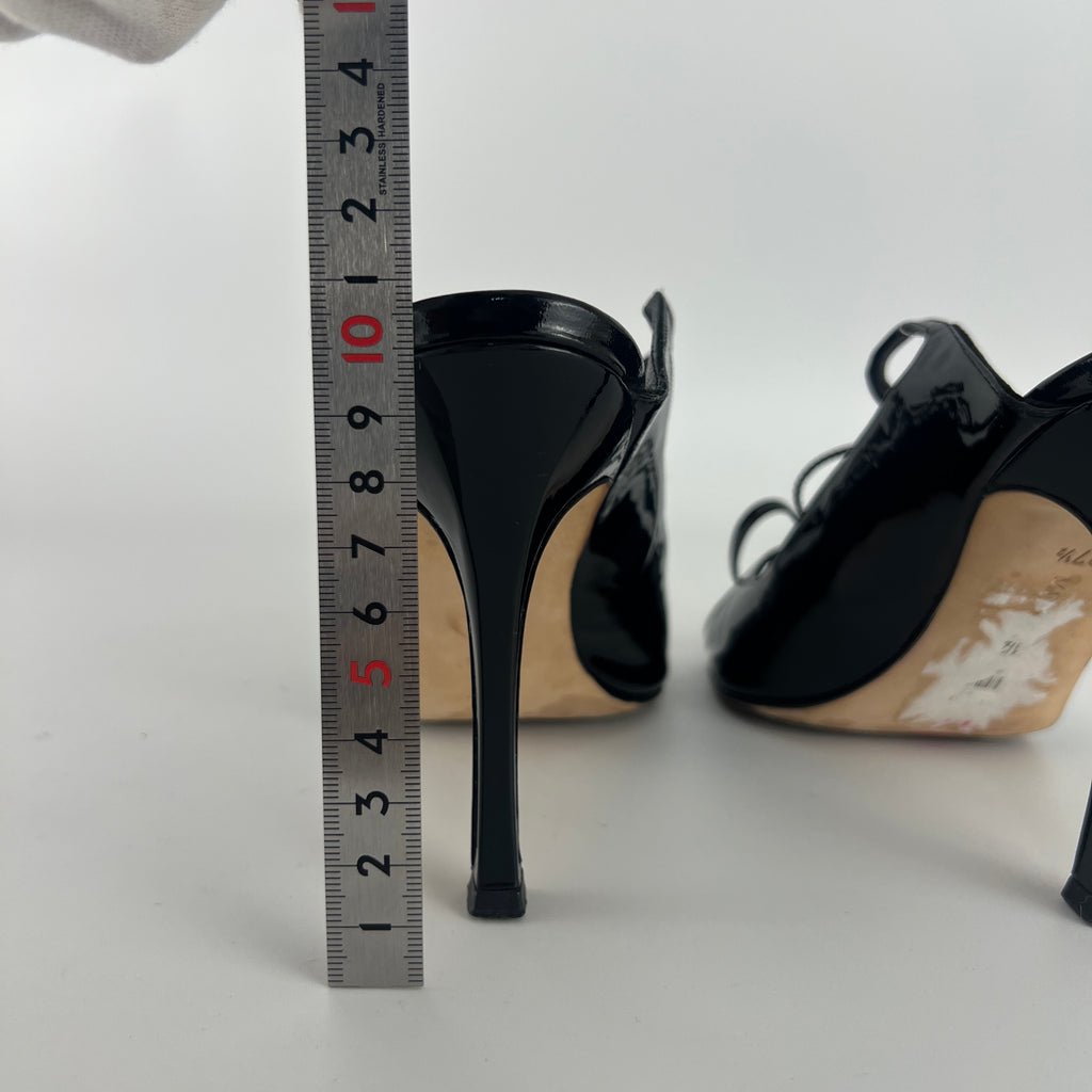 Manolo Blahnik | Claudia Black Patent Leather Ribbon Bow Sandal Heels (37.5)
