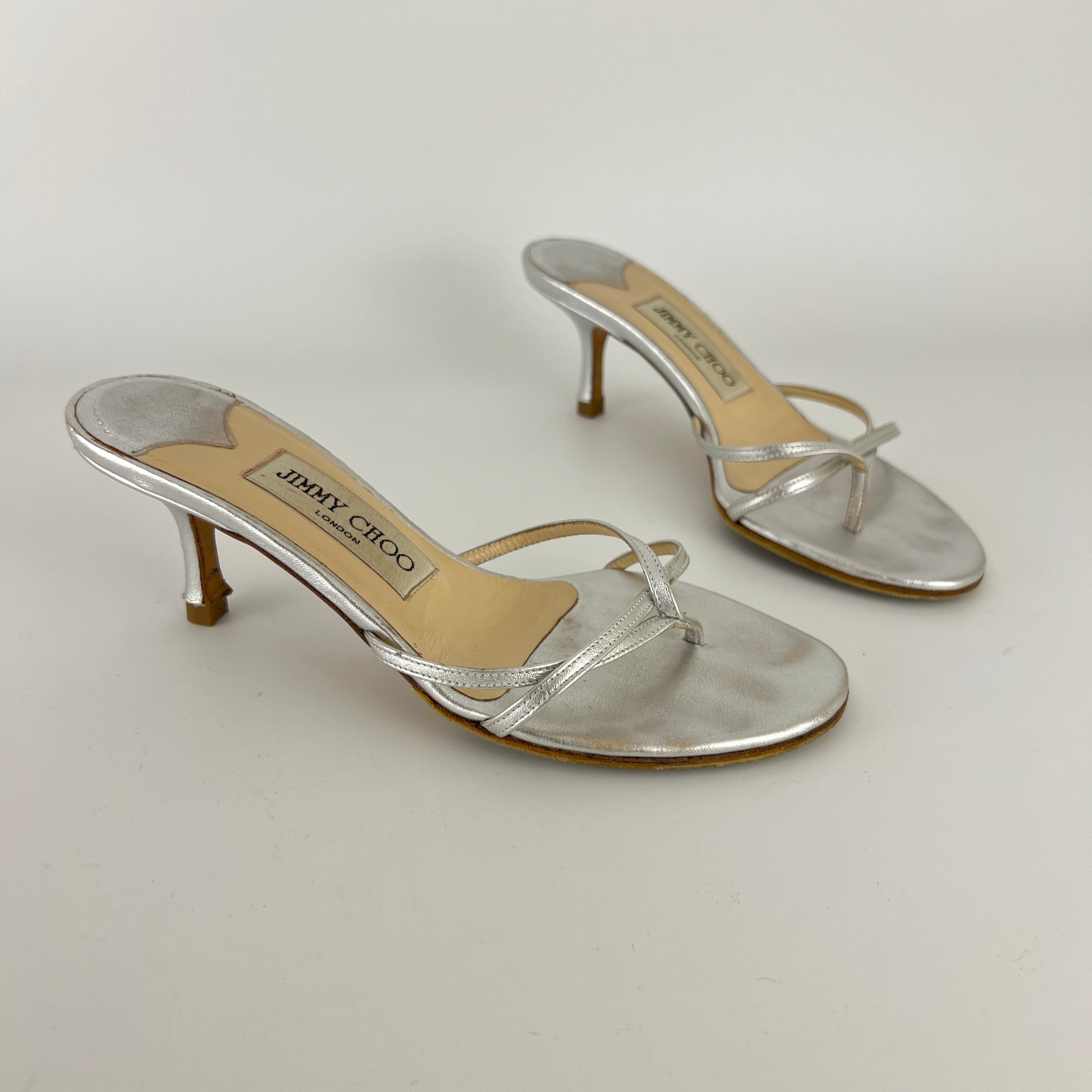 Jimmy Choo | Vintage Nimbus Metallic Silver Thong Strappy Sandal Slide Mules (35.5)