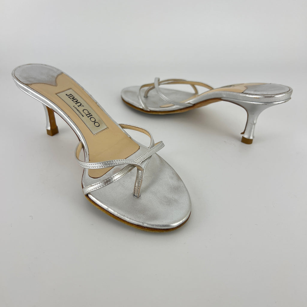 Jimmy Choo | Vintage Nimbus Metallic Silver Thong Strappy Sandal Slide Mules (35.5)