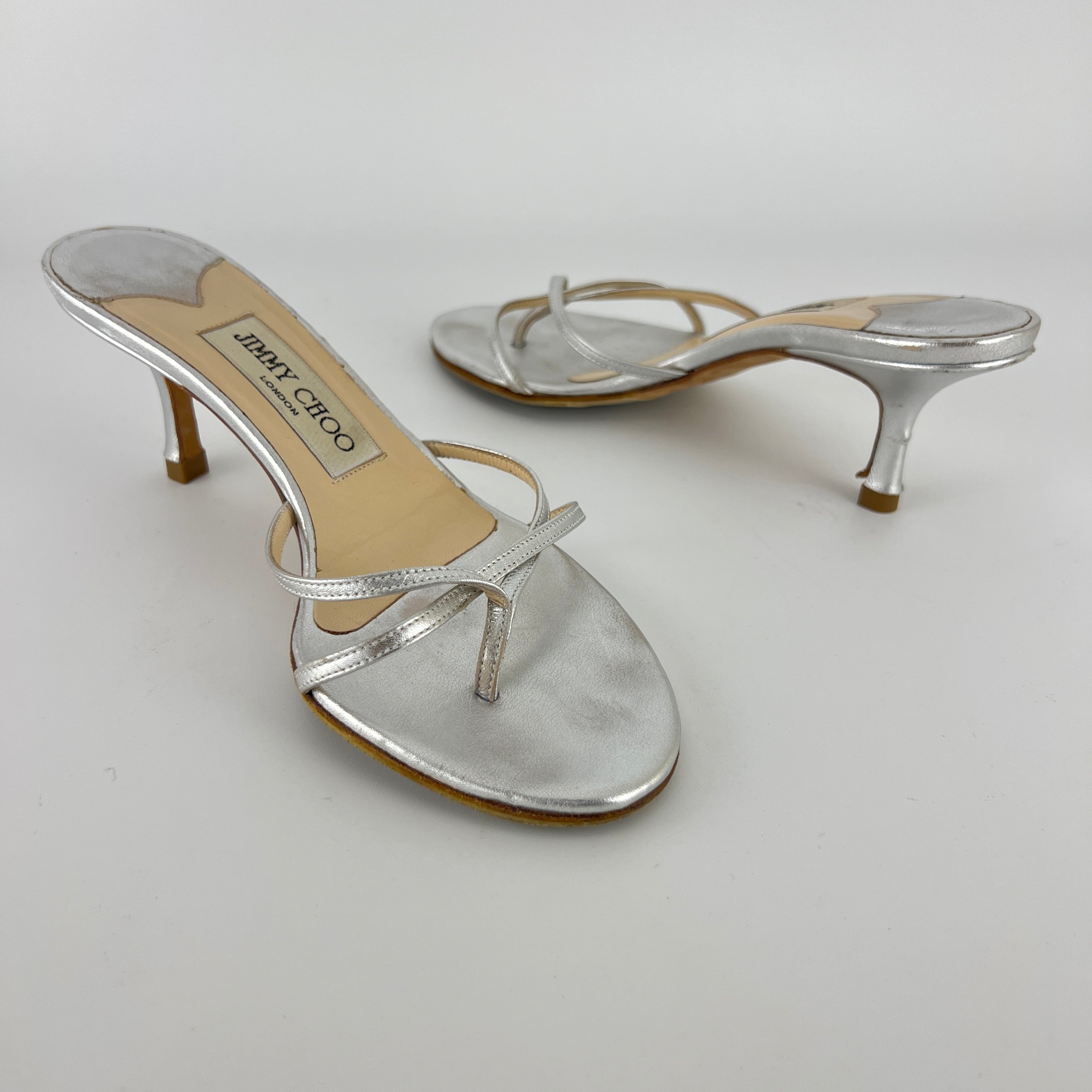 Jimmy Choo | Vintage Nimbus Metallic Silver Thong Strappy Sandal Slide Mules (35.5)