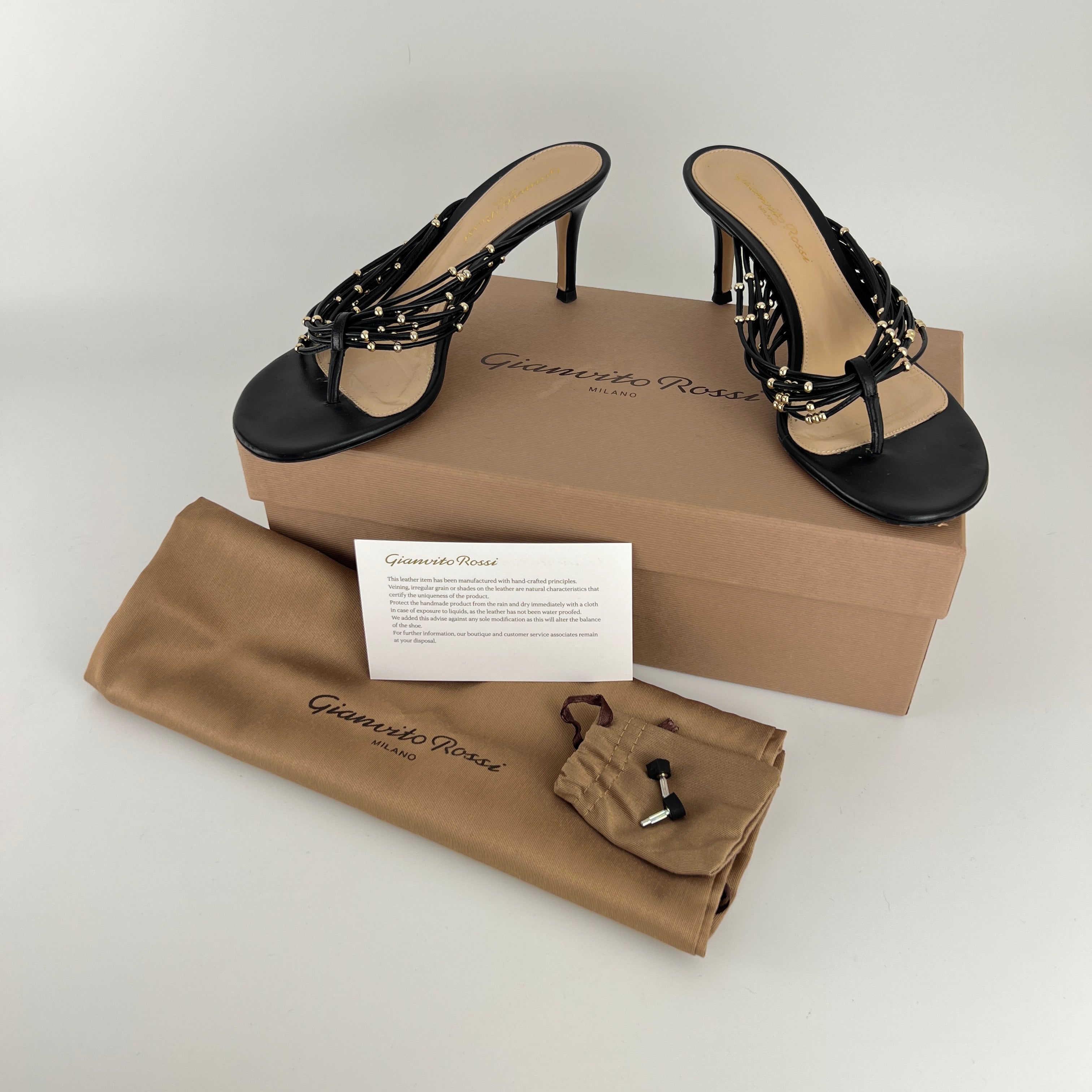 Gianvito Rossi | Black Leather Gold Hardware Thong Sandal Mules (35)