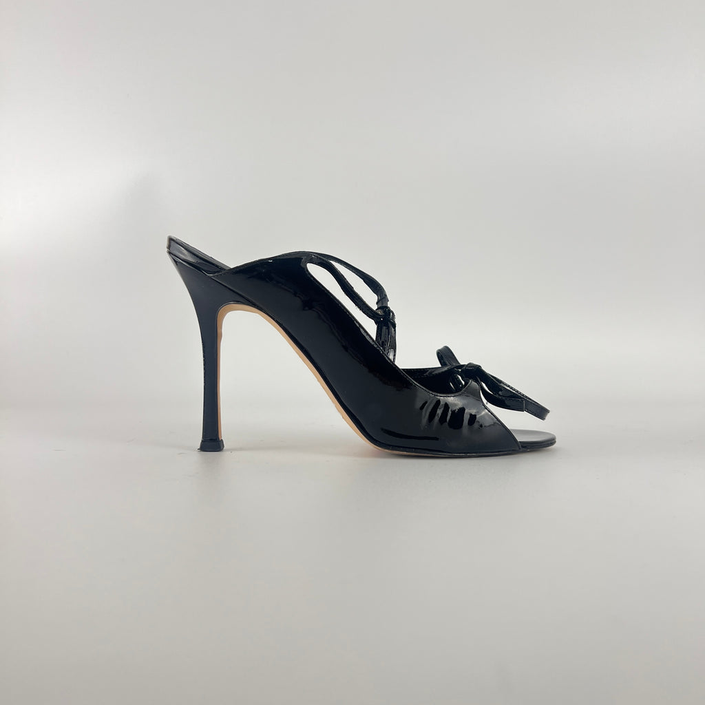 Manolo Blahnik | Claudia Black Patent Leather Ribbon Bow Sandal Heels (37.5)