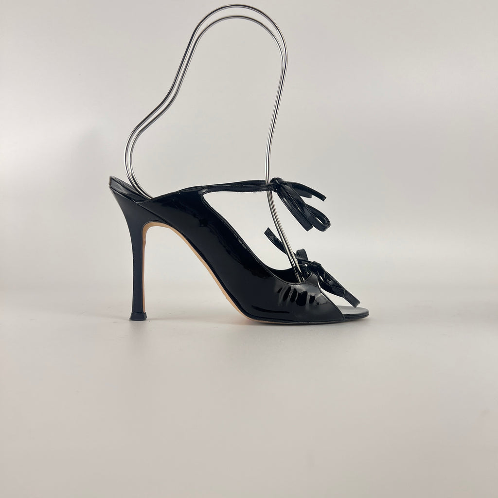 Manolo Blahnik | Claudia Black Patent Leather Ribbon Bow Sandal Heels (37.5)