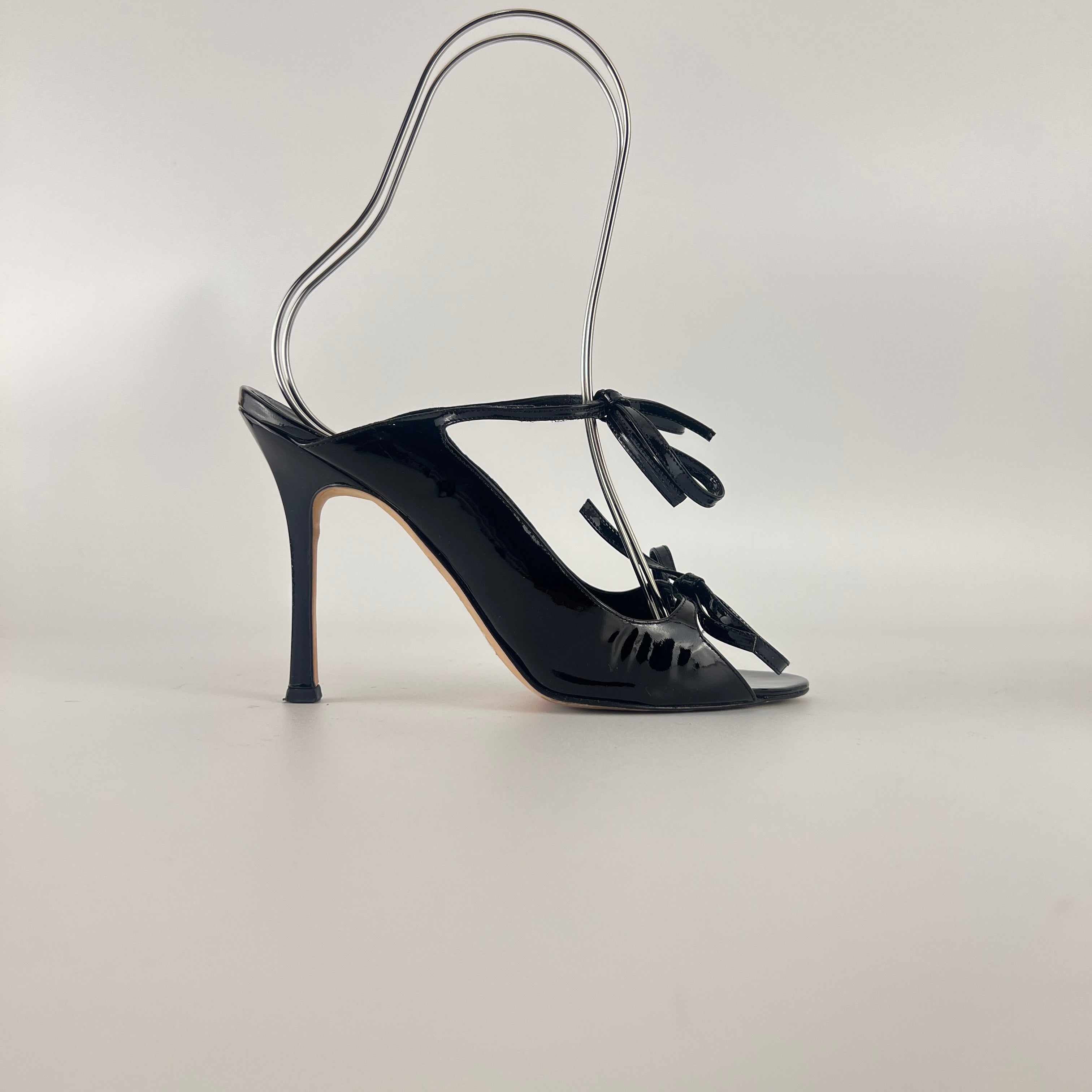 Manolo Blahnik | Claudia Black Patent Leather Ribbon Bow Sandal Heels (37.5)