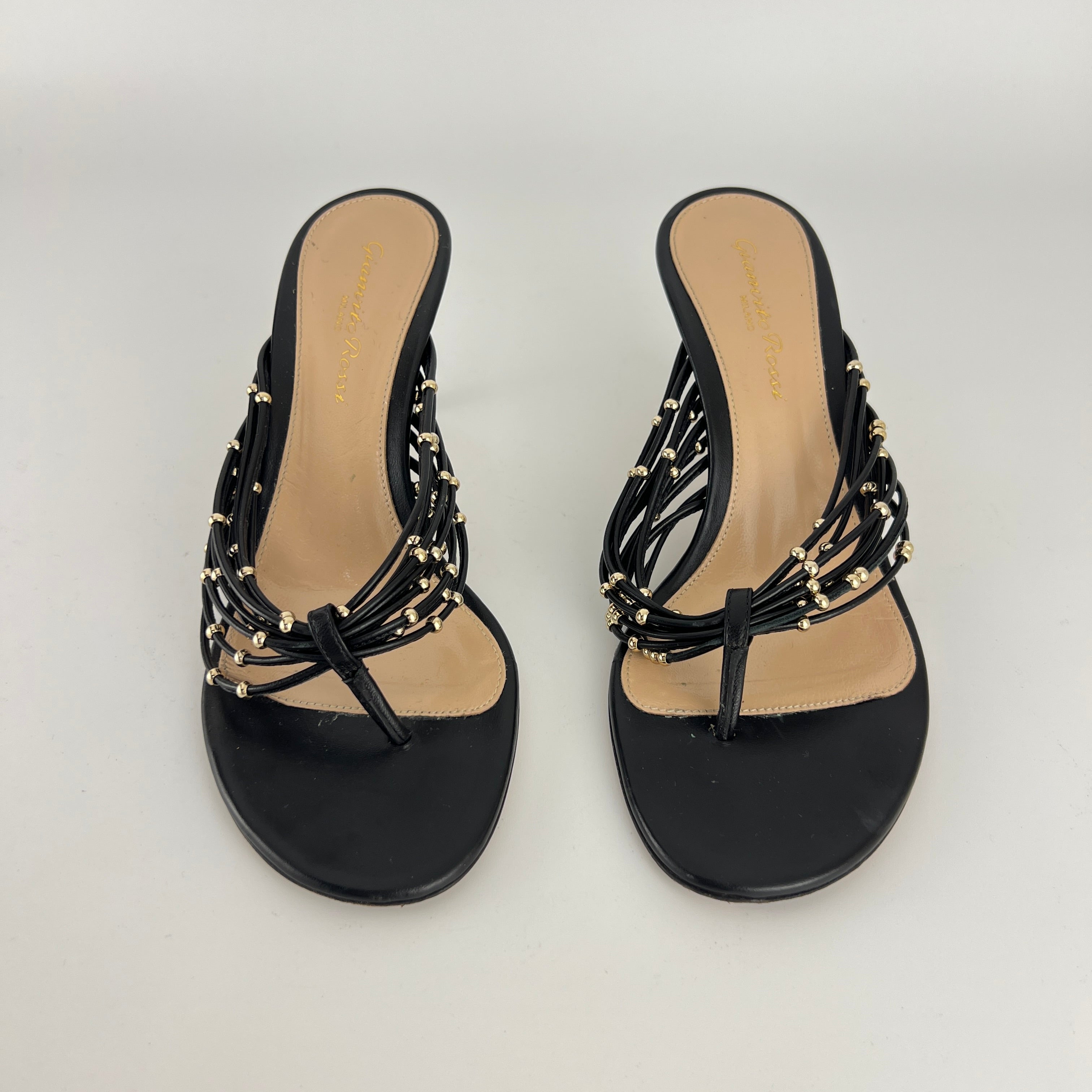Gianvito Rossi | Black Leather Gold Hardware Thong Sandal Mules (35)