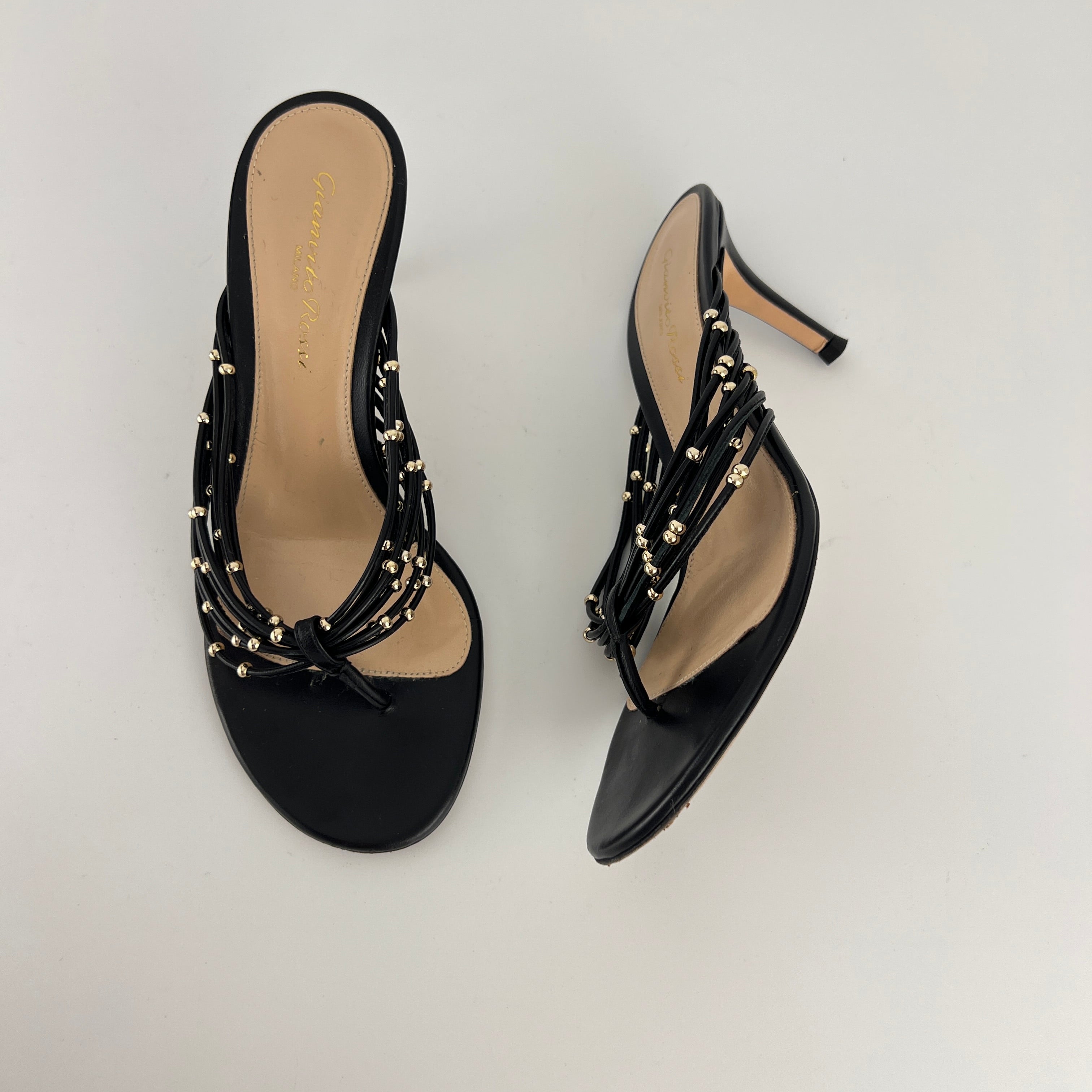 Gianvito Rossi | Black Leather Gold Hardware Thong Sandal Mules (35)