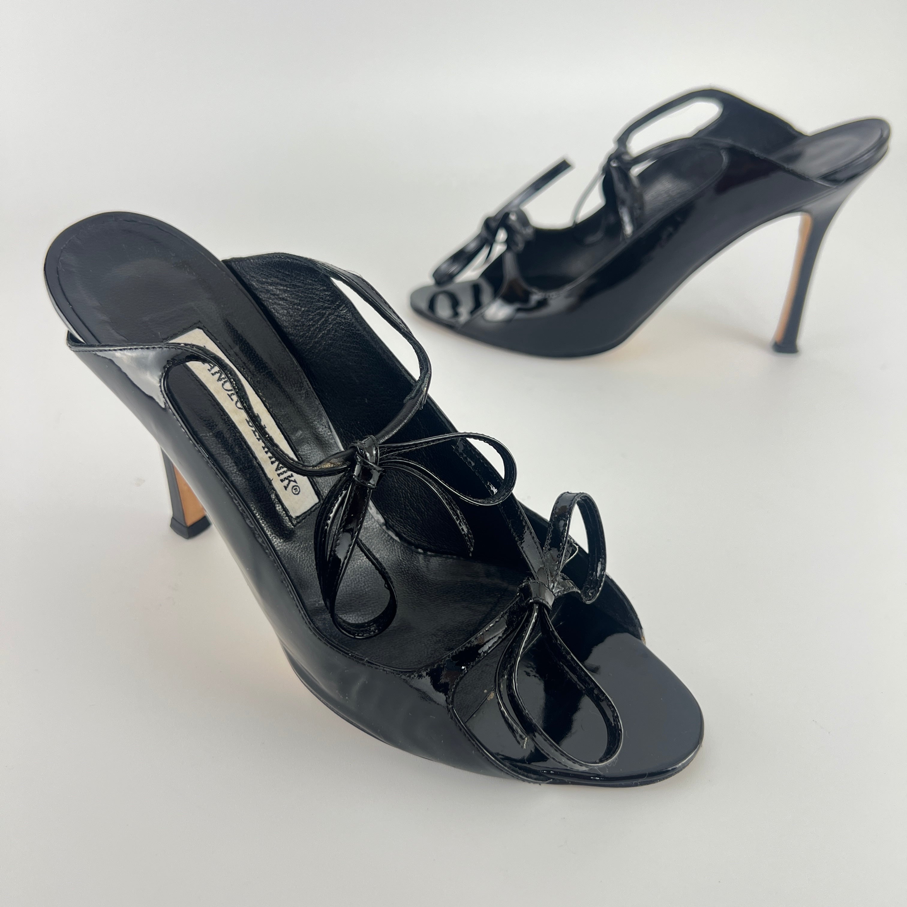Manolo Blahnik | Claudia Black Patent Leather Ribbon Bow Sandal Heels (37.5)
