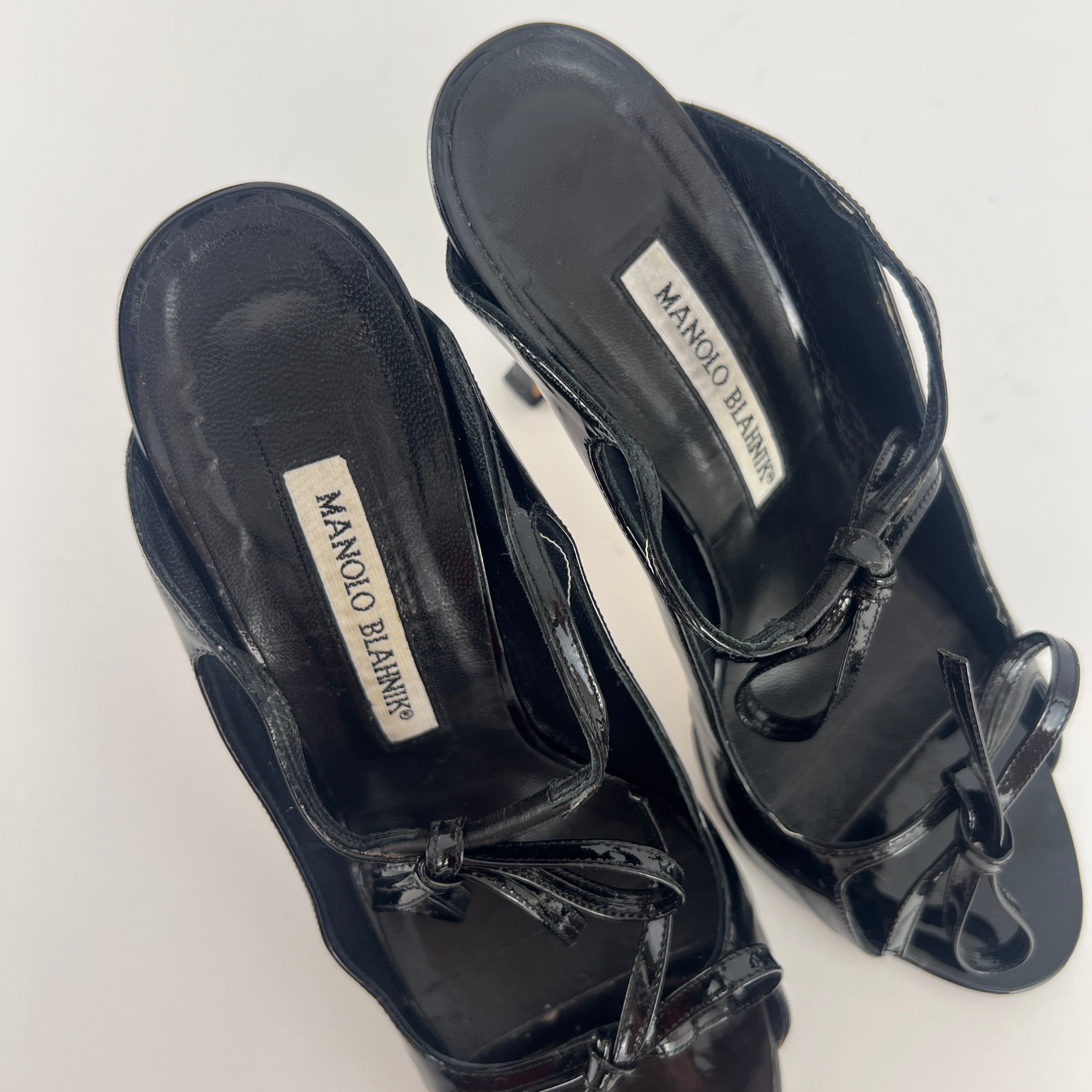 Manolo Blahnik | Claudia Black Patent Leather Ribbon Bow Sandal Heels (37.5)