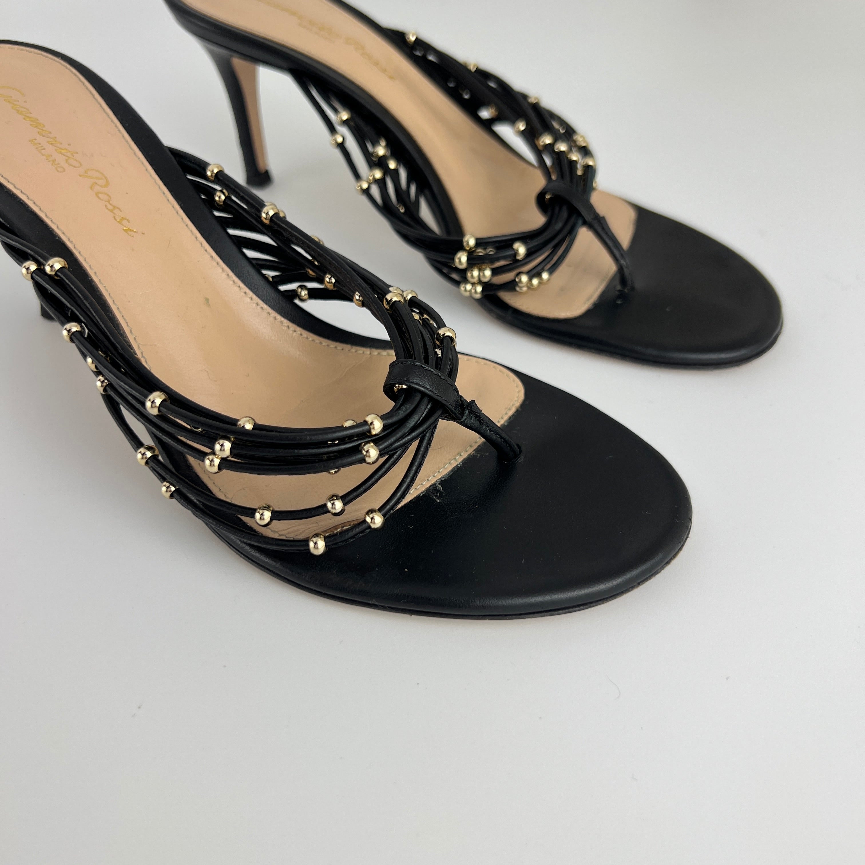 Gianvito Rossi | Black Leather Gold Hardware Thong Sandal Mules (35)