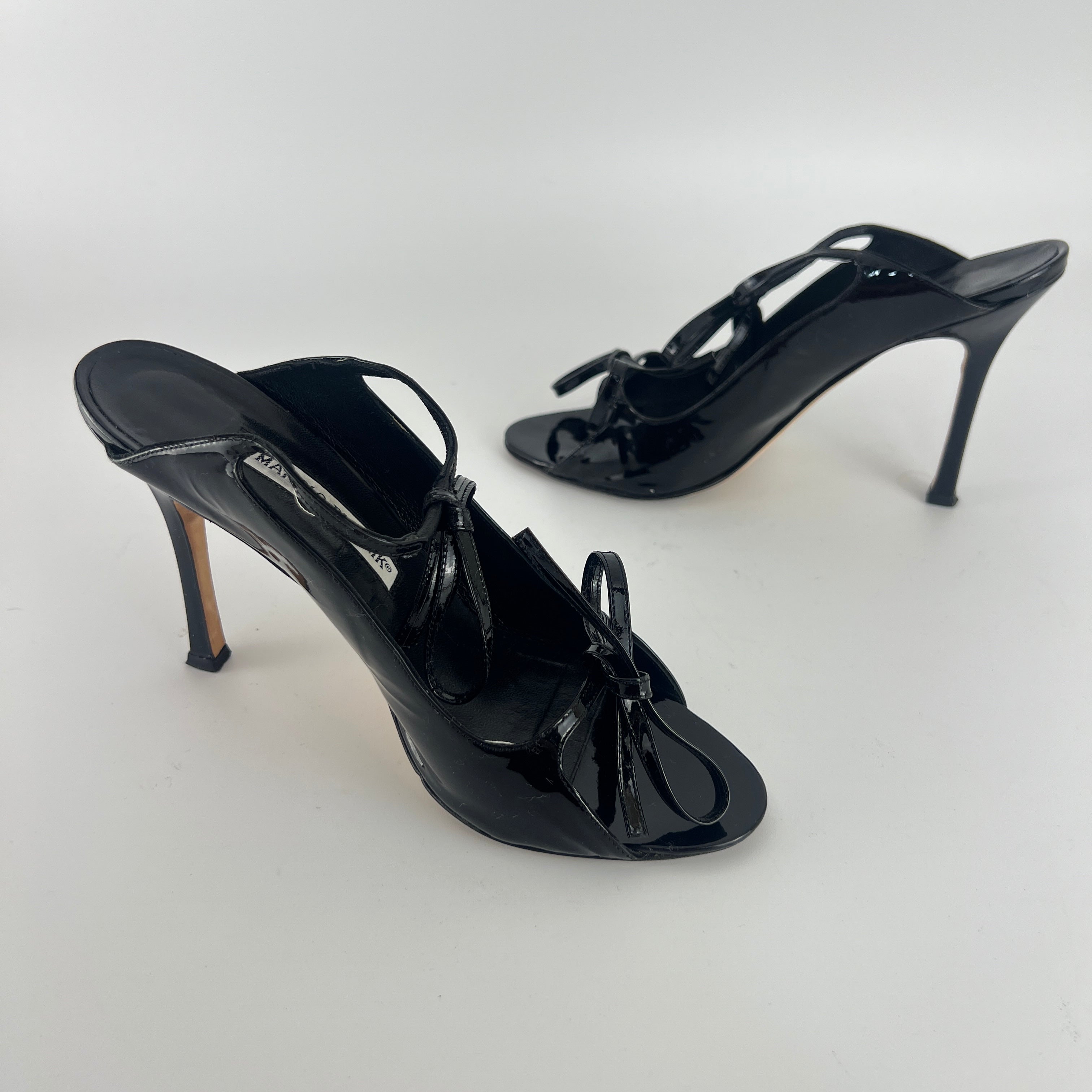 Manolo Blahnik | Claudia Black Patent Leather Ribbon Bow Sandal Heels (37.5)
