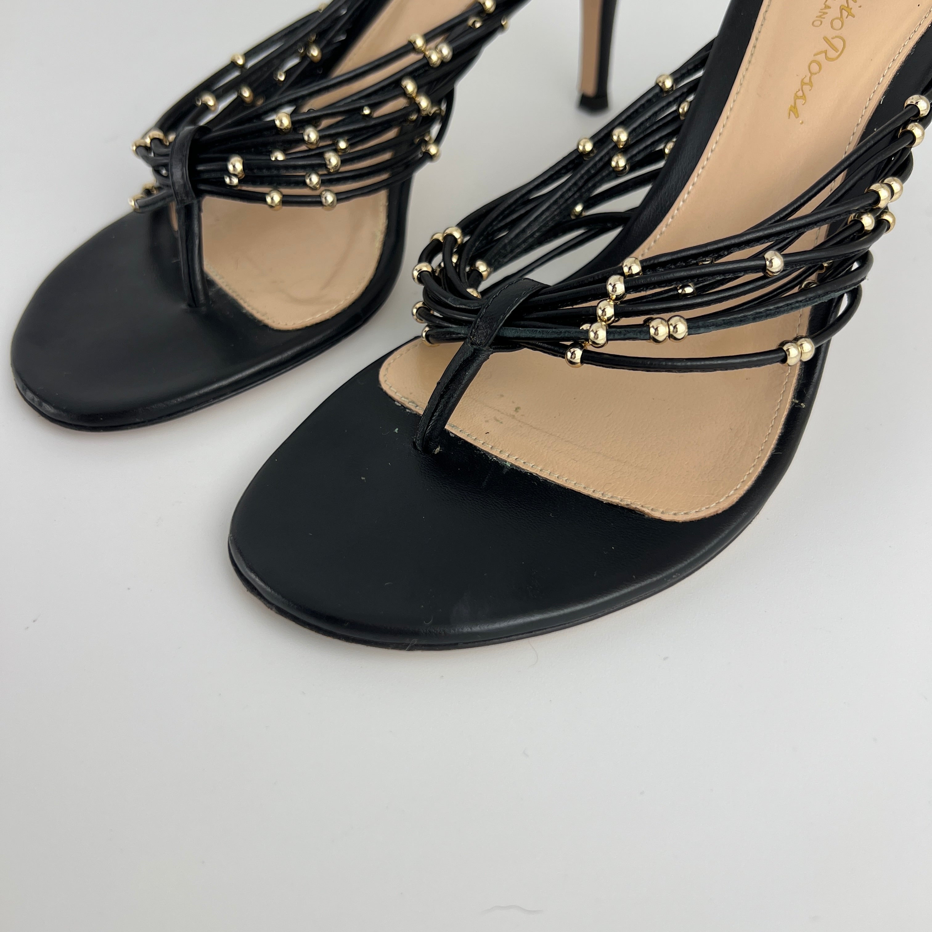 Gianvito Rossi | Black Leather Gold Hardware Thong Sandal Mules (35)