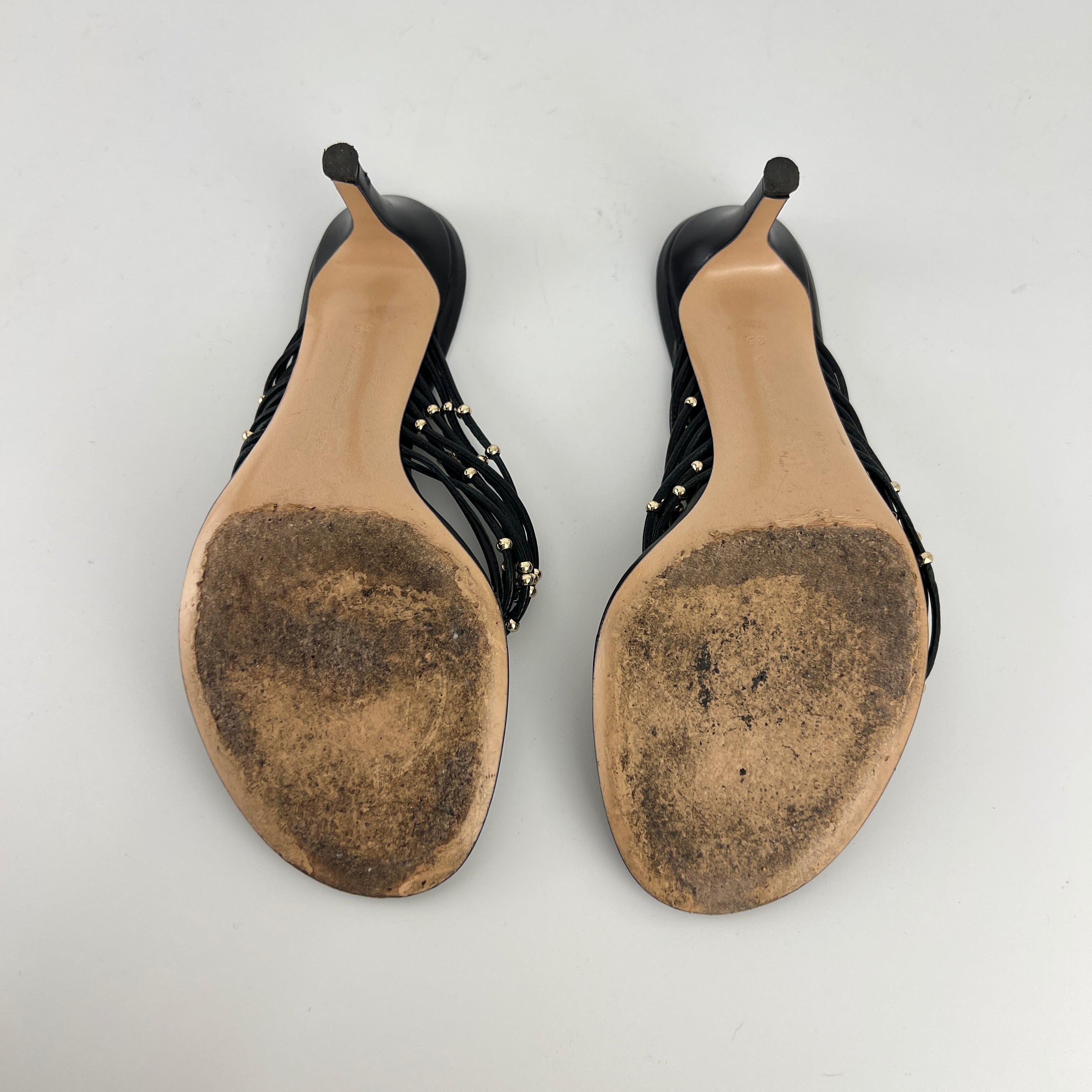 Gianvito Rossi | Black Leather Gold Hardware Thong Sandal Mules (35)