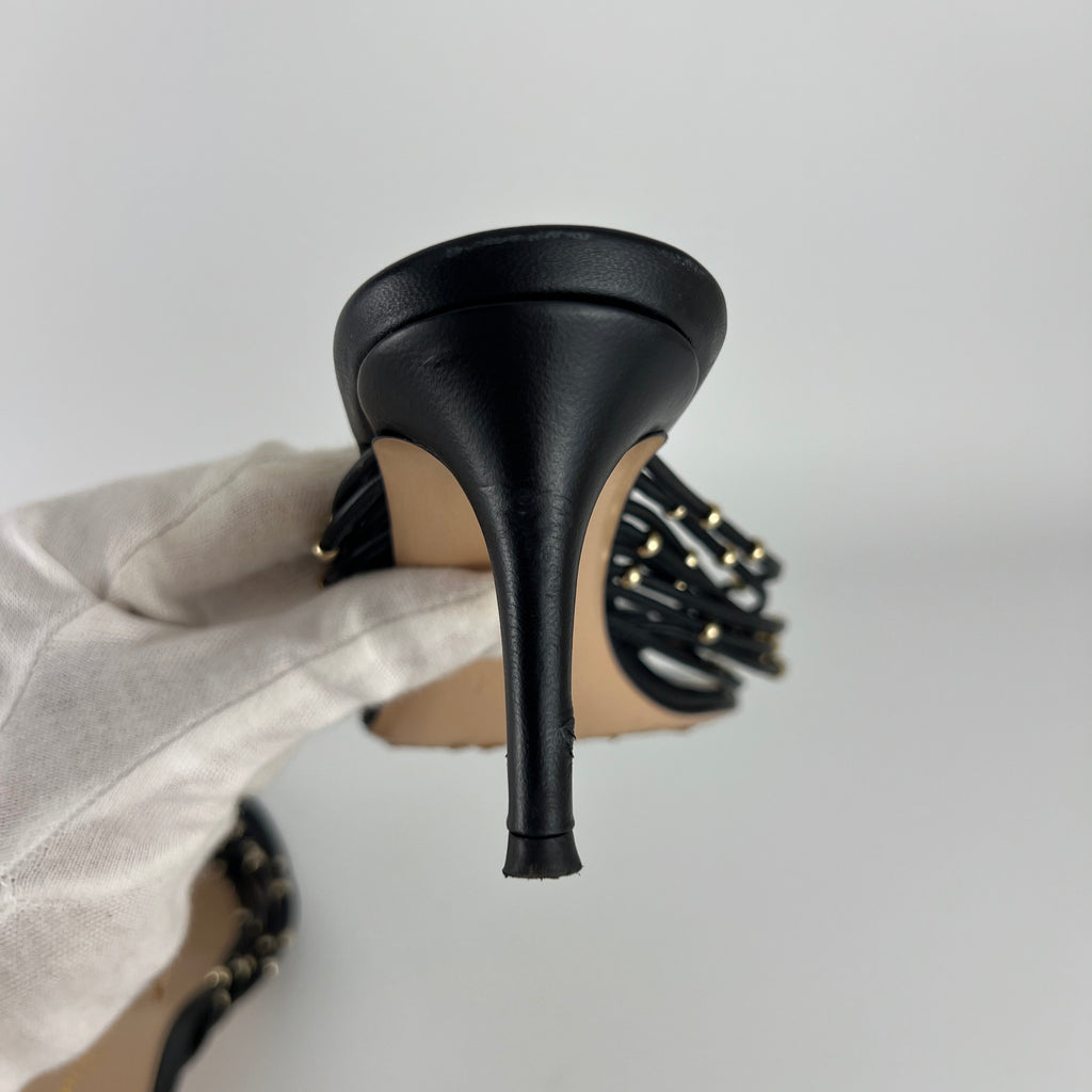 Gianvito Rossi | Black Leather Gold Hardware Thong Sandal Mules (35)