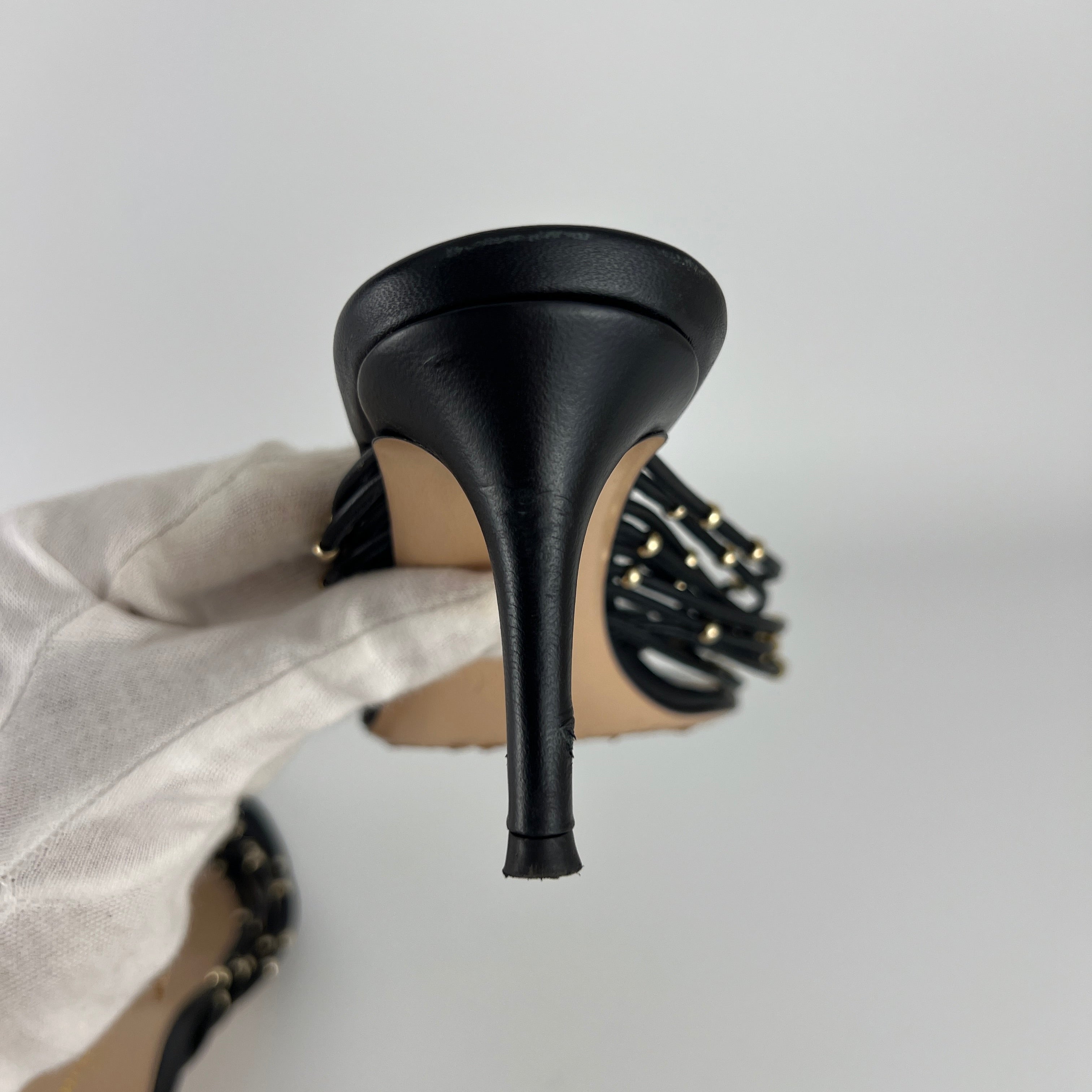 Gianvito Rossi | Black Leather Gold Hardware Thong Sandal Mules (35)