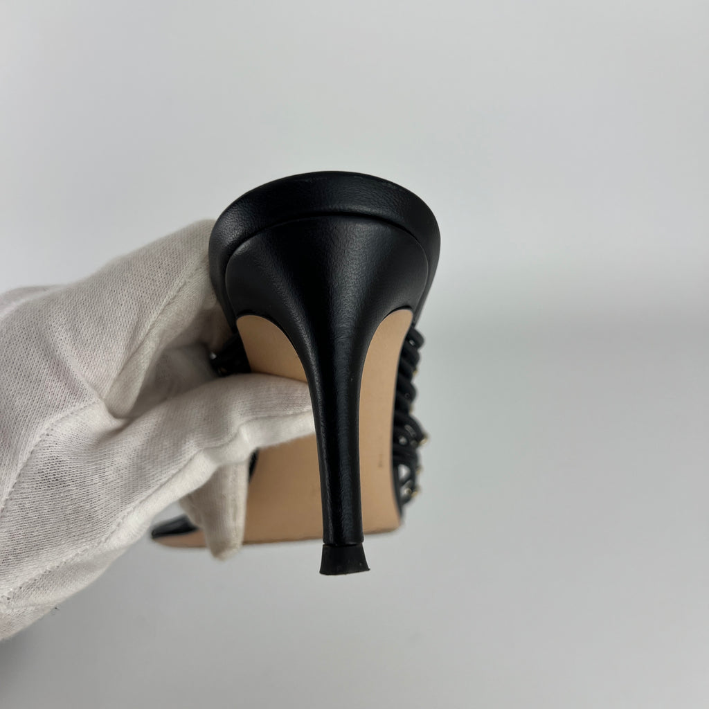 Gianvito Rossi | Black Leather Gold Hardware Thong Sandal Mules (35)