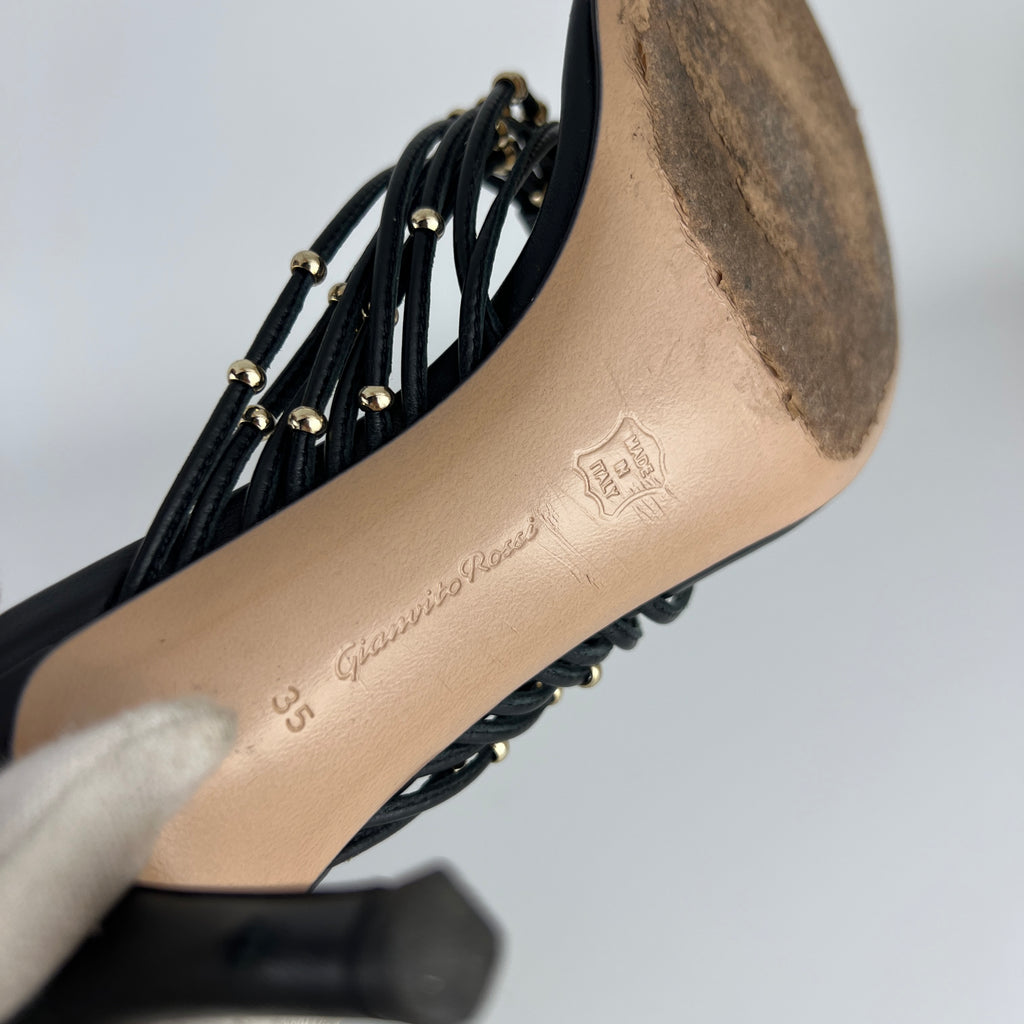 Gianvito Rossi | Black Leather Gold Hardware Thong Sandal Mules (35)