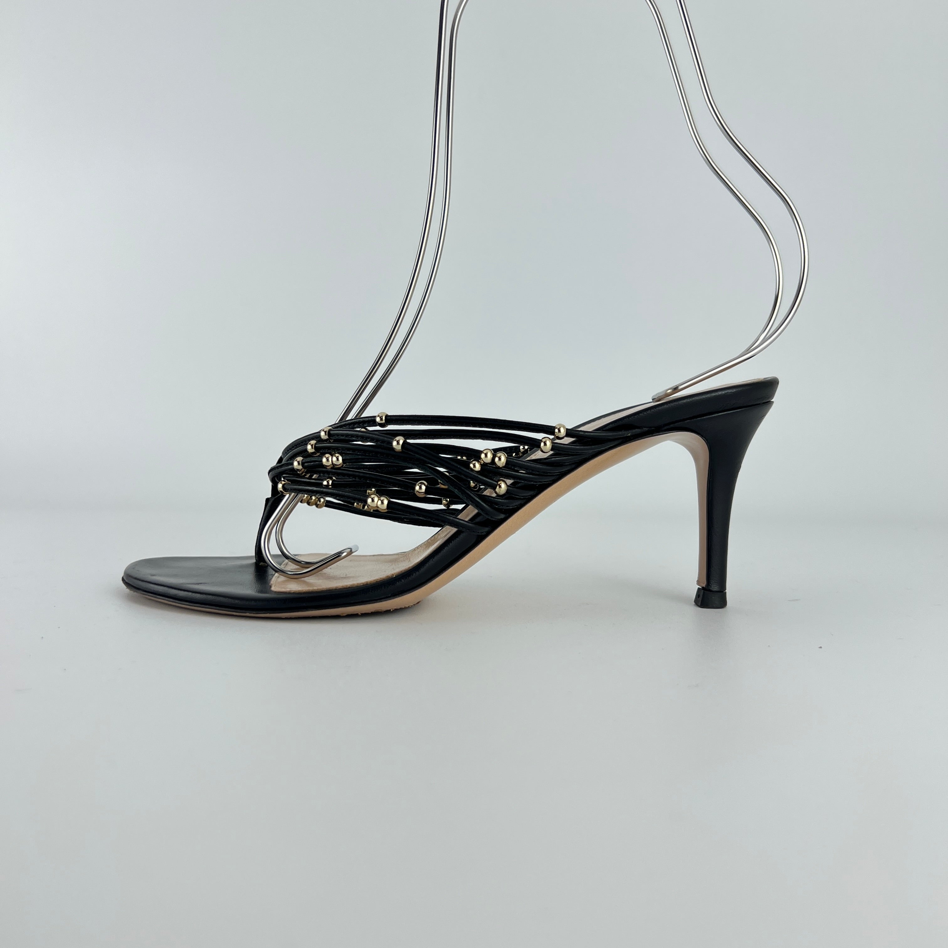 Gianvito Rossi | Black Leather Gold Hardware Thong Sandal Mules (35)